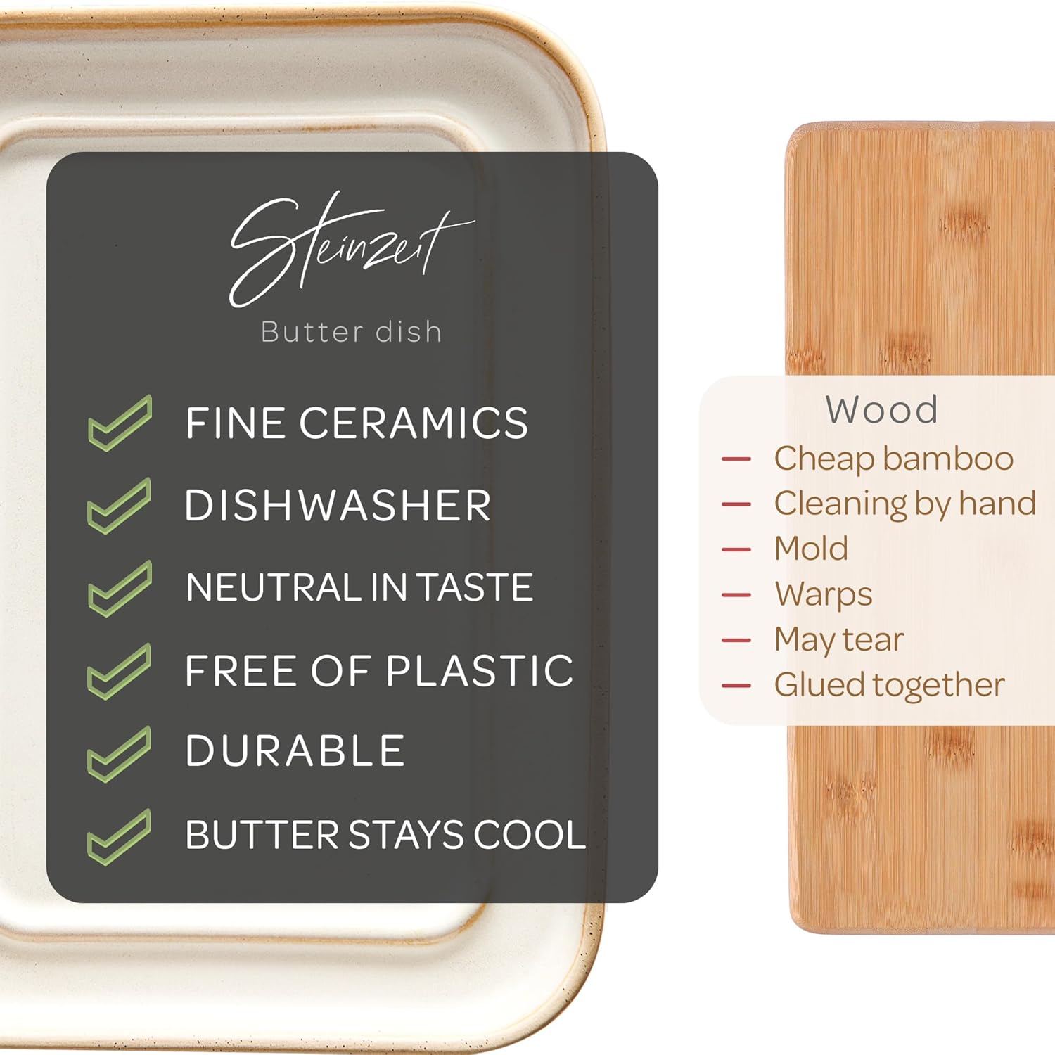 STEINZEIT Butter Dish with Lid (4.9 in x 6.9 in) - Ceramic Butter Dish - Large Butter Container for 2 pcs of Western Butter - Butter Dish with Lid for Countertop - Butter Holder Dishwasher Safe