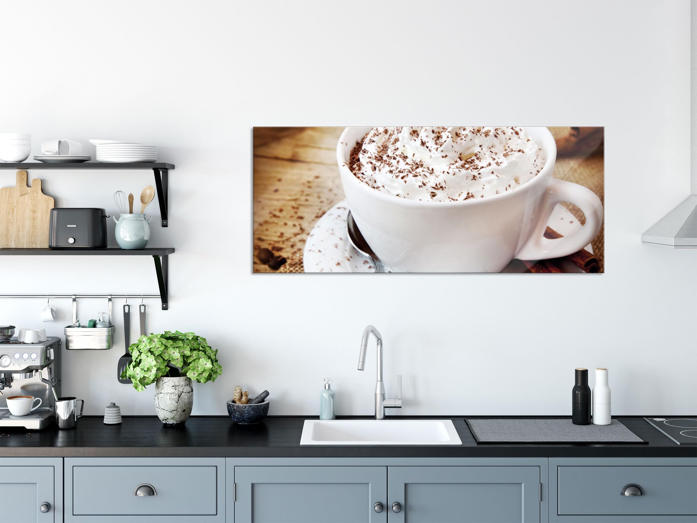 Pixxprint Glasbild Panorama, Wandbild aus Echtglas, Frischer Kaffee mit Schokostreusel, 120x50 cm, inkl. Aufhängung und Abstandshalter