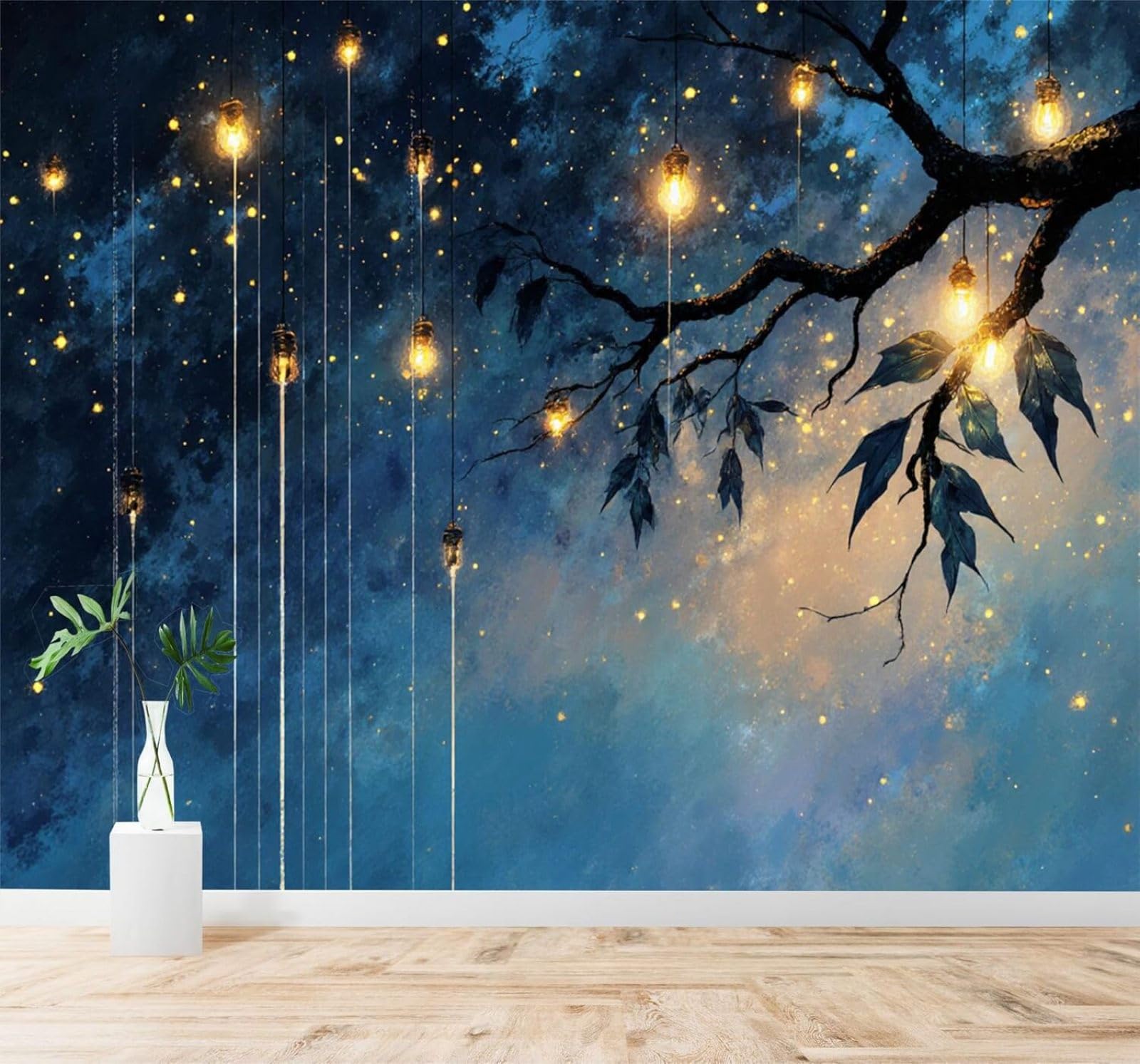 XLMING Hanging Lamp Tree Branch Dreamlike Blue Starry Sky Art 3D Wallpaper Premium Textured Silk Study Dining Living Room Bedroom Sofa TV Wall Easy Install-150cm×105cm