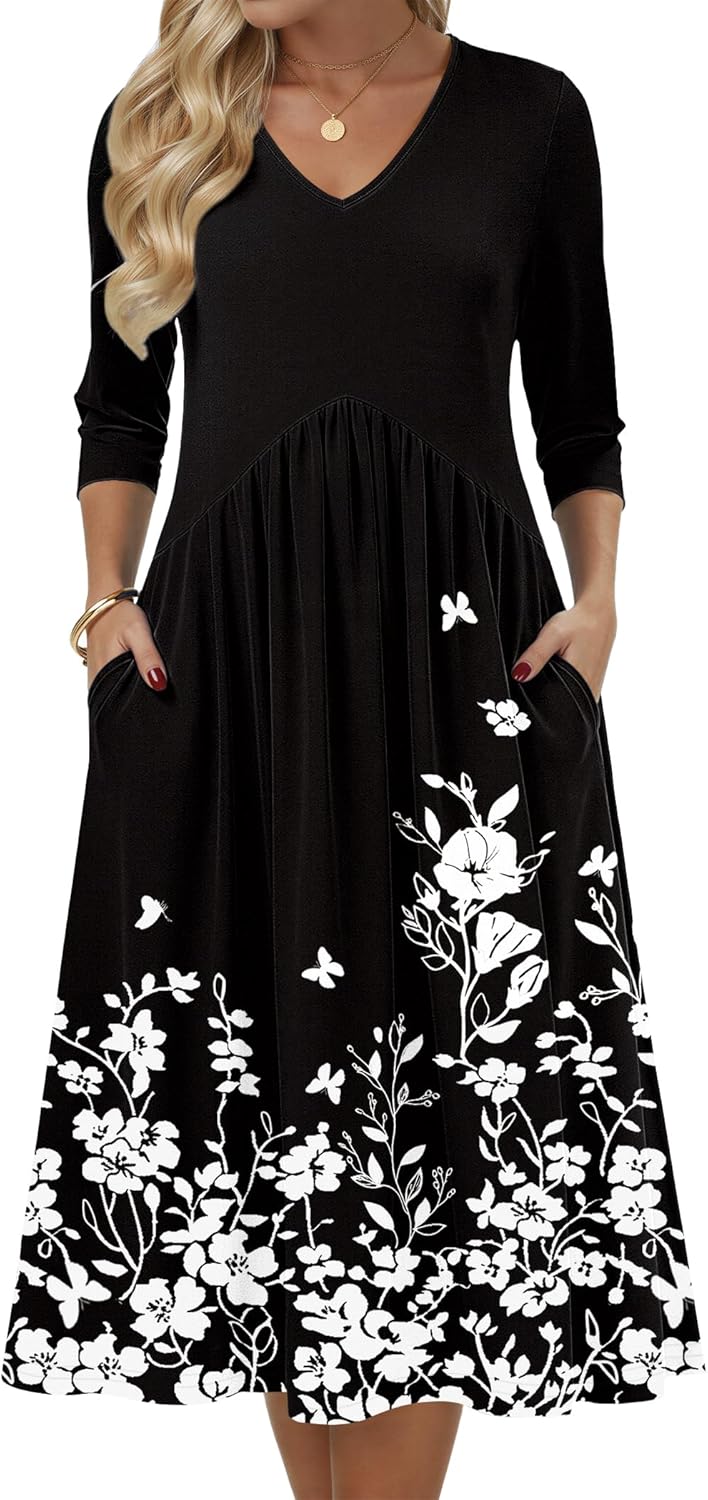 Zeagoo 3/4 Sleeve Women's Dress Casual Midi Tshirt Dresses with Pockets Empire Waist Summer Semi-Formal Boho Beach Sundress