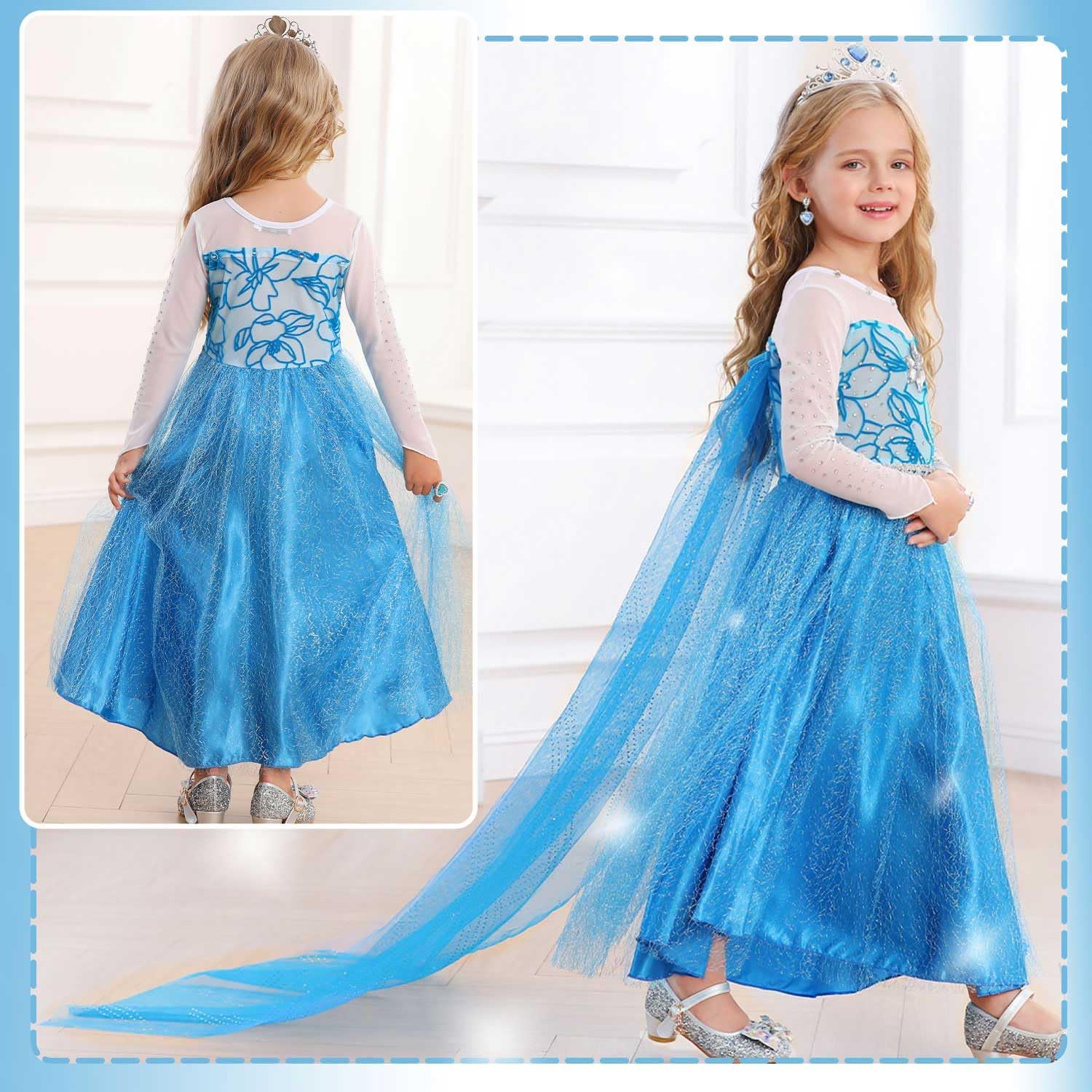 Elsa Costume for Toddler Girls Snow Princess Dress Blue Halloween Cosplay Dress Up Outfits with Wig