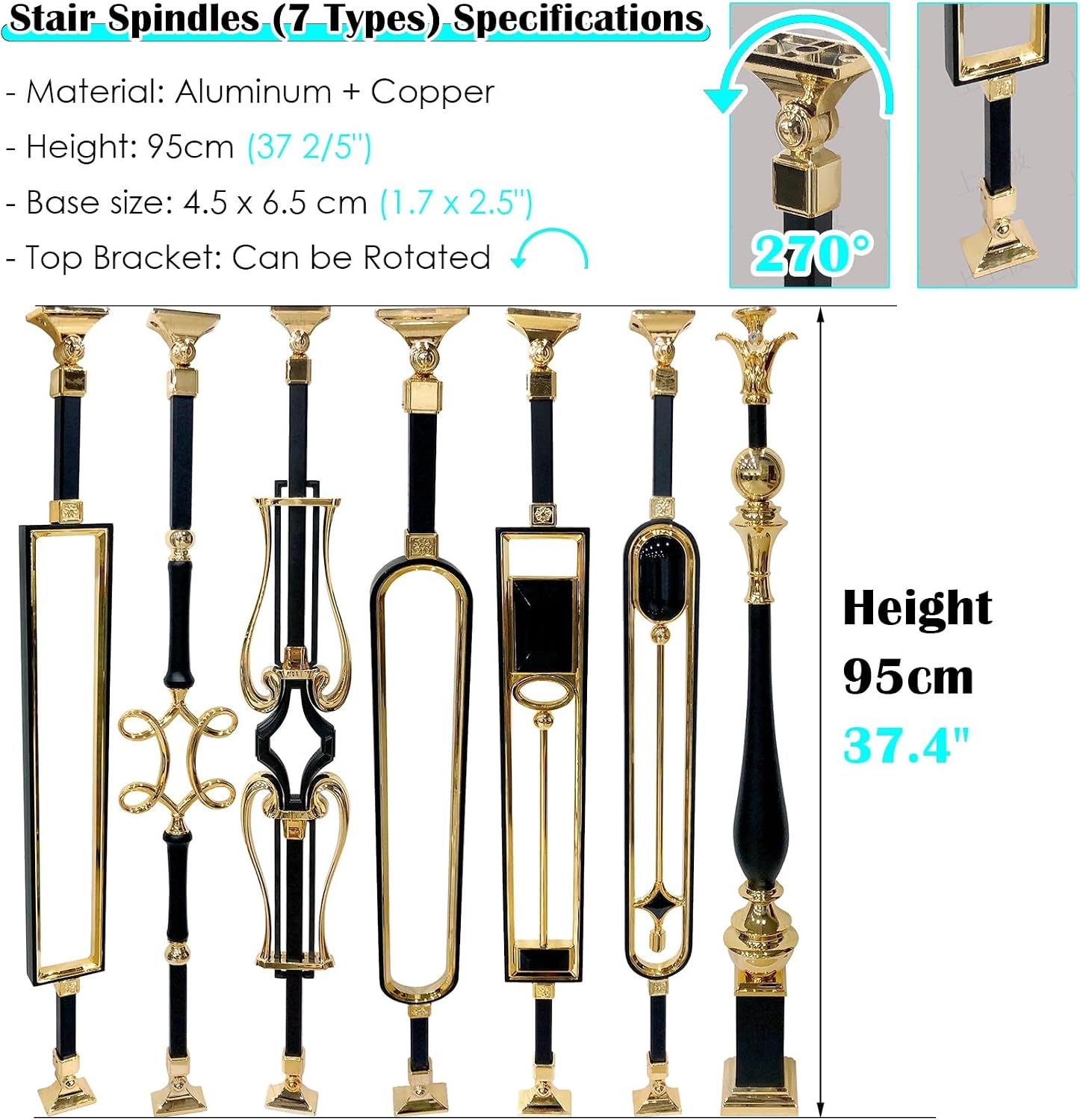 1 5 Set Vertical Metal Balusters for Stairs, 37.4in Tall Stairway Banister Spindles Railing/ Black Gold Stair Guardrail Post with Swivel Brackets & Shoe, Luxury Staircase Balustrade Column(5 pcs B Sty