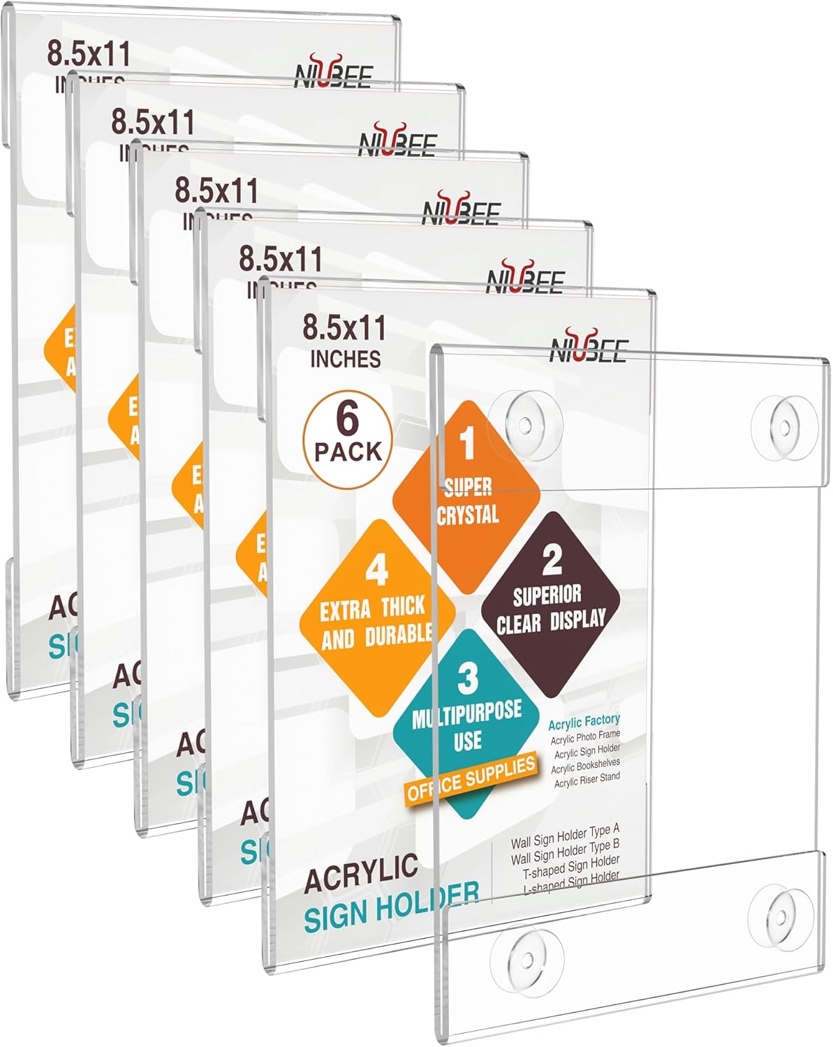 NIUBEE Acrylic Window Sign Holder:Glass Door Sign Holder with 4 Suction Cups 8.5x11 Inch--Window Mount for Displaying Flyers, Notices, Documents and Menus, for Office, Store, Home, Restaurant Use(6 PACK)