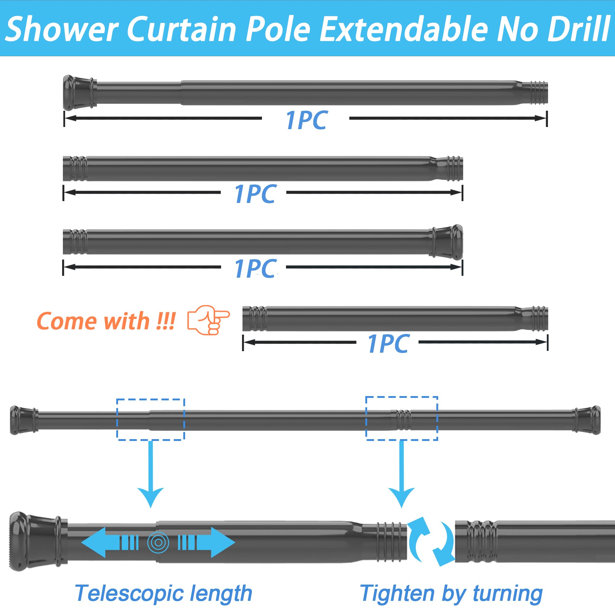 1PC Tension Rod No Drill Shower Curtain Pole Extendable Curtain Poles Shower Curtain Rail for Bathroom, Window, Door, Wardrobe, 83-160CM/32.68-62.99Inch(Diameter:25mm) White — view 3