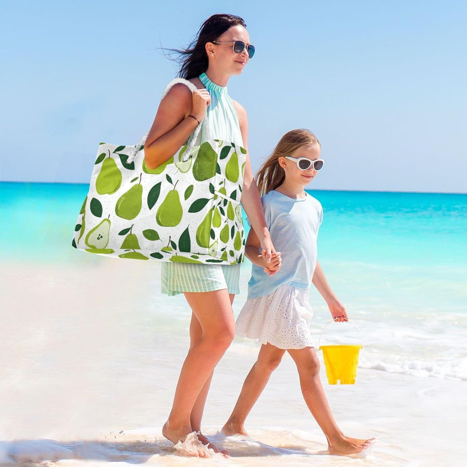 OTVEE Green Pear and Leaves Pattern Beach Bags for Women Ladies Large Canvas Tote Shoulder Bag Waterproof Travel Bags for Gym Swim Pool Camping