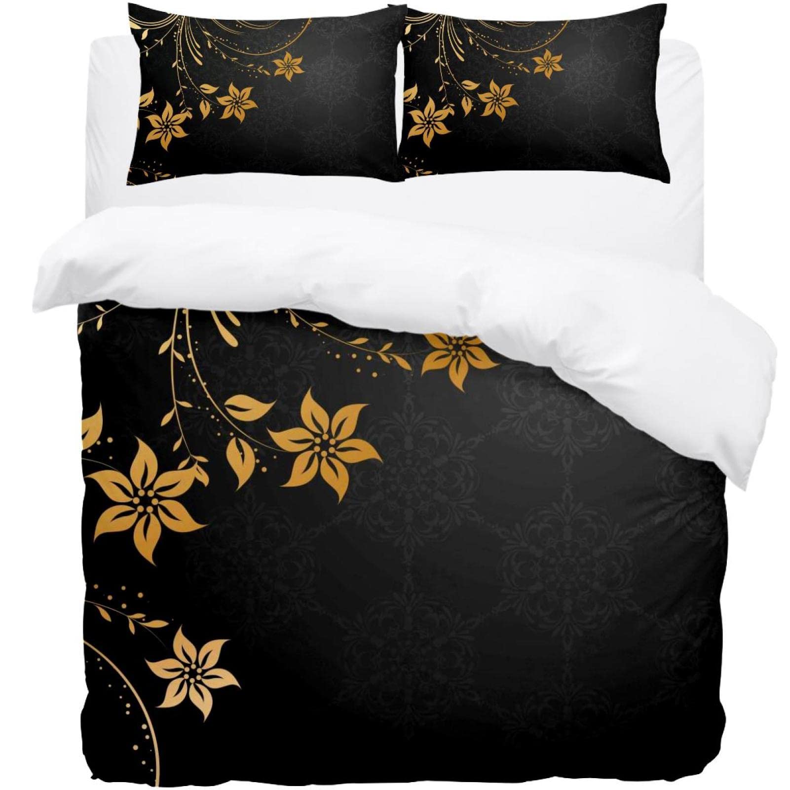 Parure de lit floral noir en tissu doux haut de gamme avec housse de couette 3 pièces