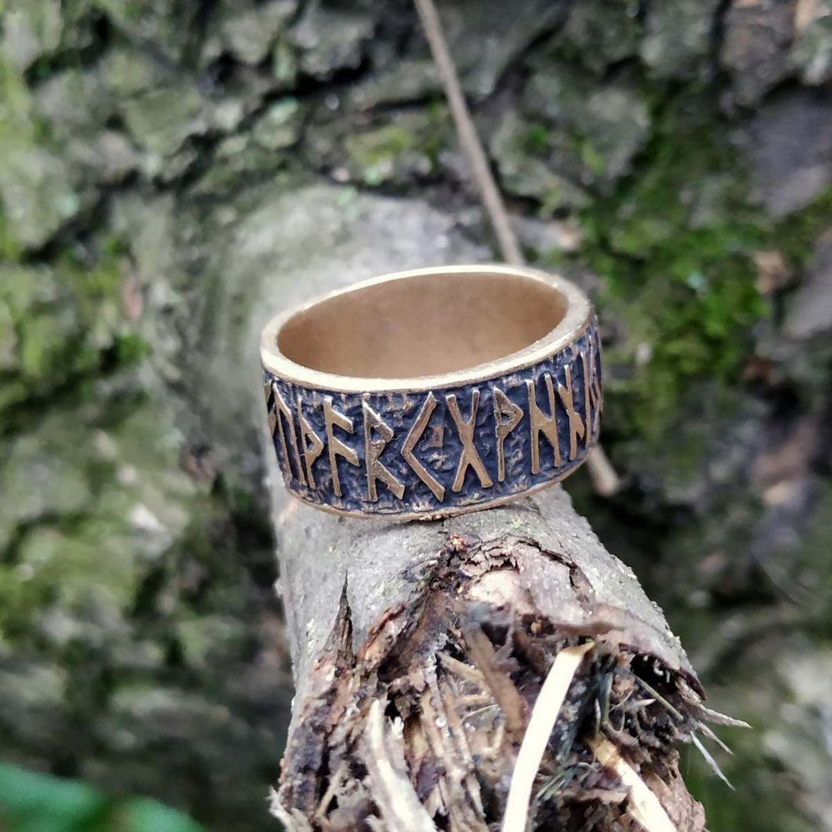 Elder Futhark Norse Runes Bronze Ring - Viking Jewelry