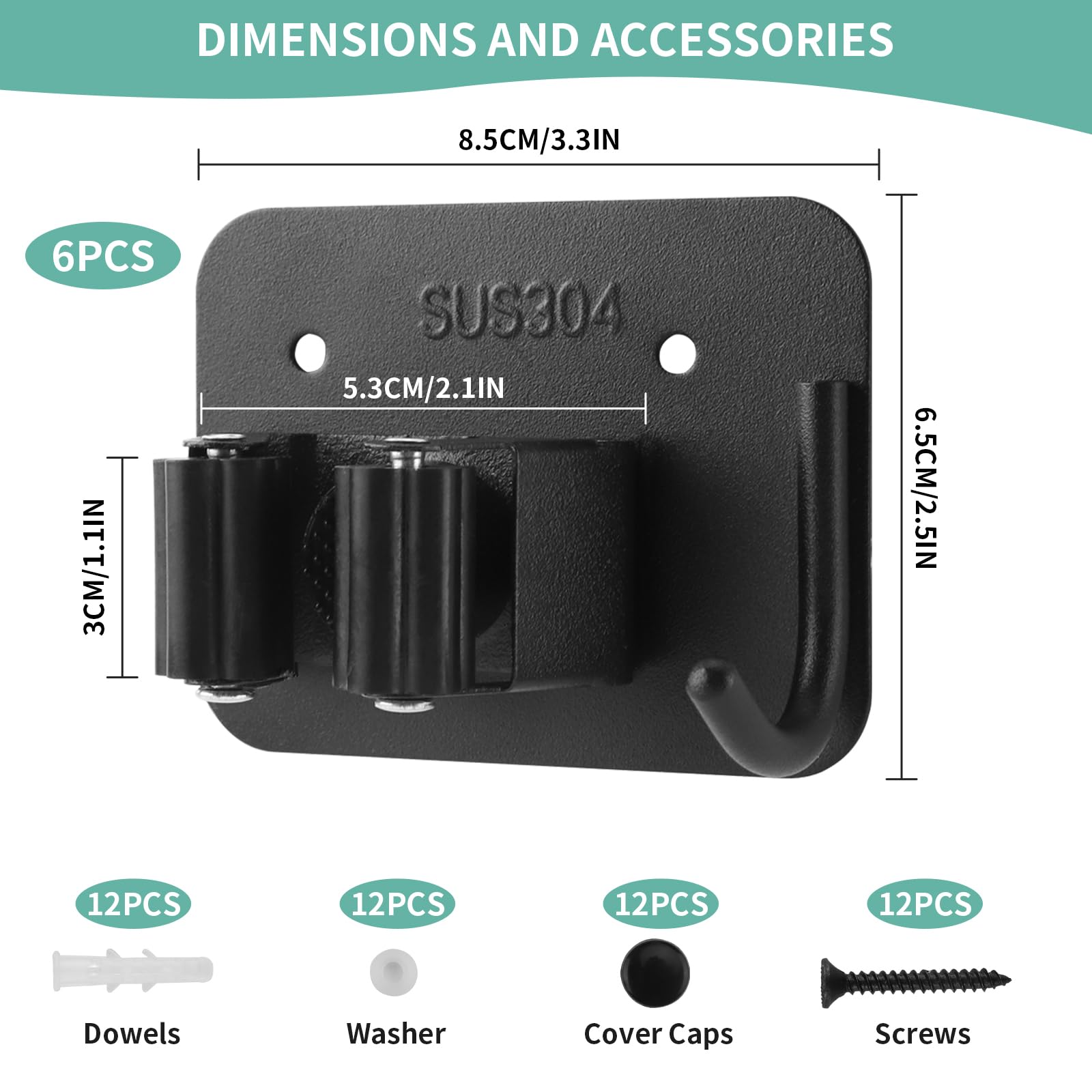 Porta Scope da Muro, 6 Pezzi Ganci Adesivi per Scope da Parete, Portascope da Muro in Acciaio Inox per Mop, Scopes, Palette, Attrezzi da Giardino, per Garage, Cucina, Balcone, Giardino, Nero