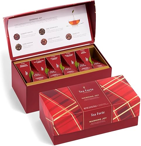 Tea Forte Warming Joy - Juego de regalo de bolsas de té, muestra de té de especias navideñas con 20 infladores de té piramidal en caja de regalo de