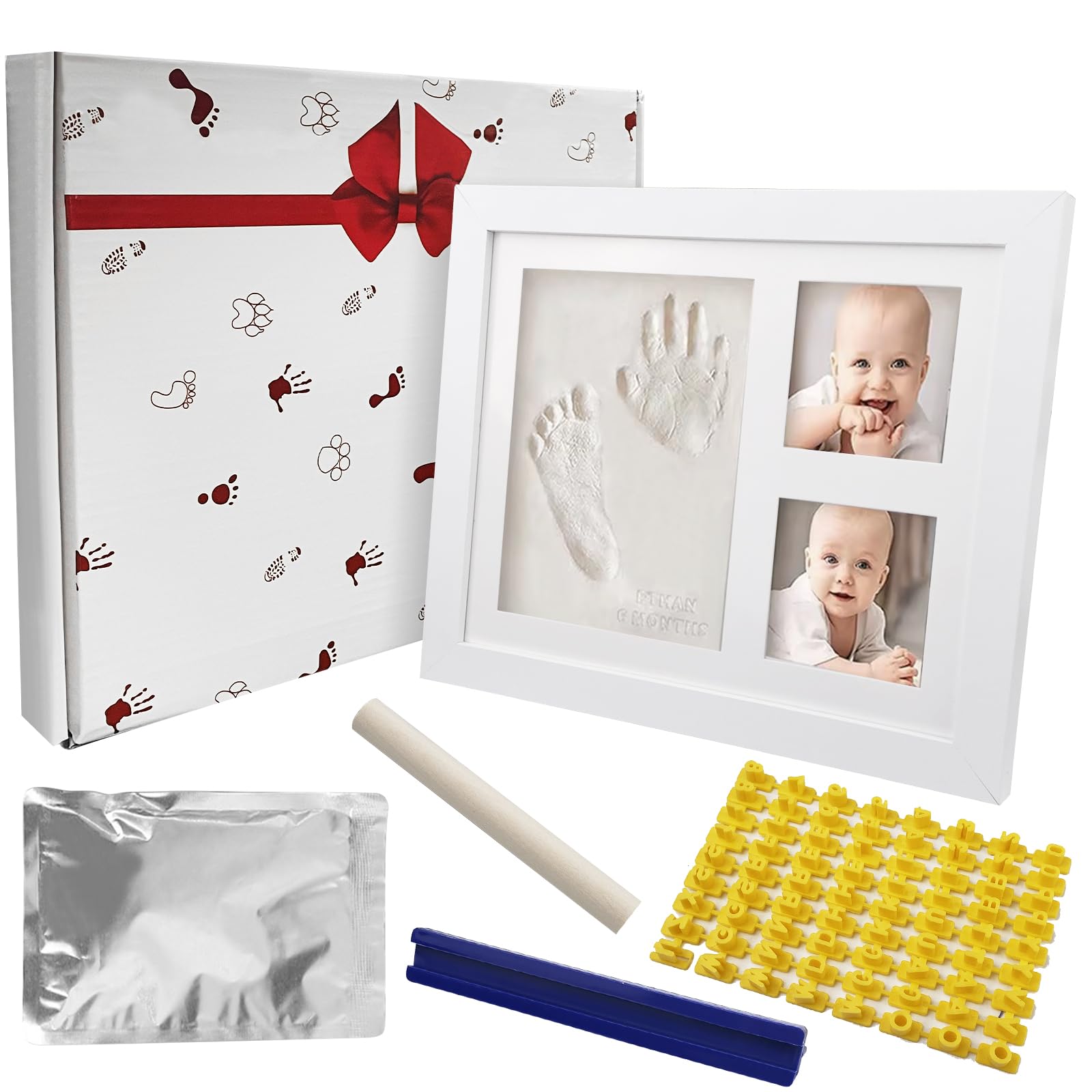 Rseuphiee Marco Huellas Bebe, Kit de Marco Para Manos y Huellas, Regalo Bebe Recien Nacido impronta neonato, Estructura de madera y cristal acrílico con letras y palo, recuerdo de nacimiento