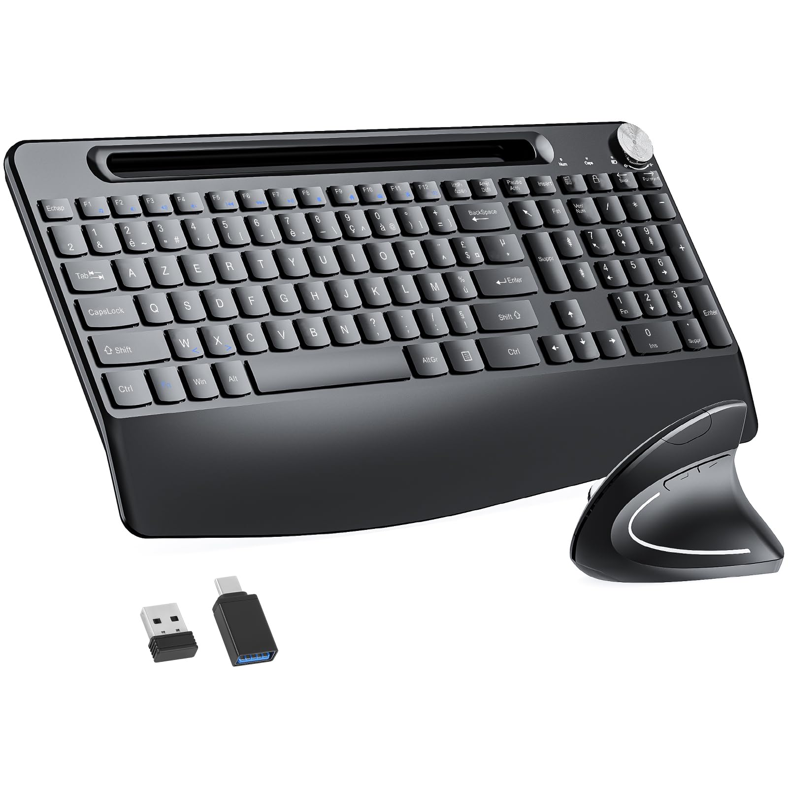 Clavier Ergonomique Pleine Taille et Souris Verticale sans Fil 2,4 GHz avec Support pour tablettes, Repos-Poignet et Bouton de Volume, adapté aux Ordinateurs Portables Mac/PC et Chromebook