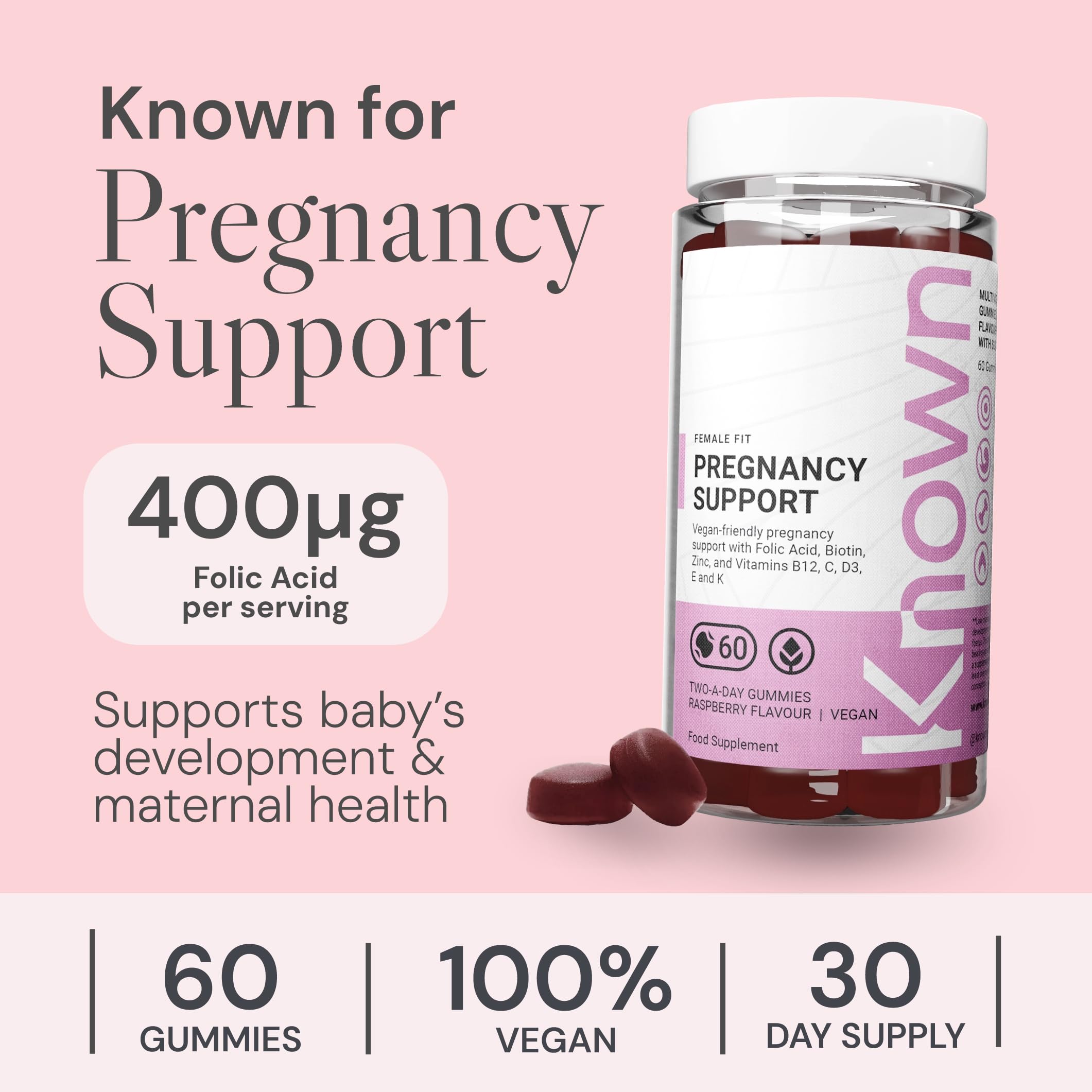 Known Soutien Grossesse Gummies avec 400mcg Acide Folique – Saveur Framboise – Complément Gommes Végan Multivitamines Prénatales avec Vitamin D3, K, C, E, B12, Biotine & Zinc – Cure 1 Mois