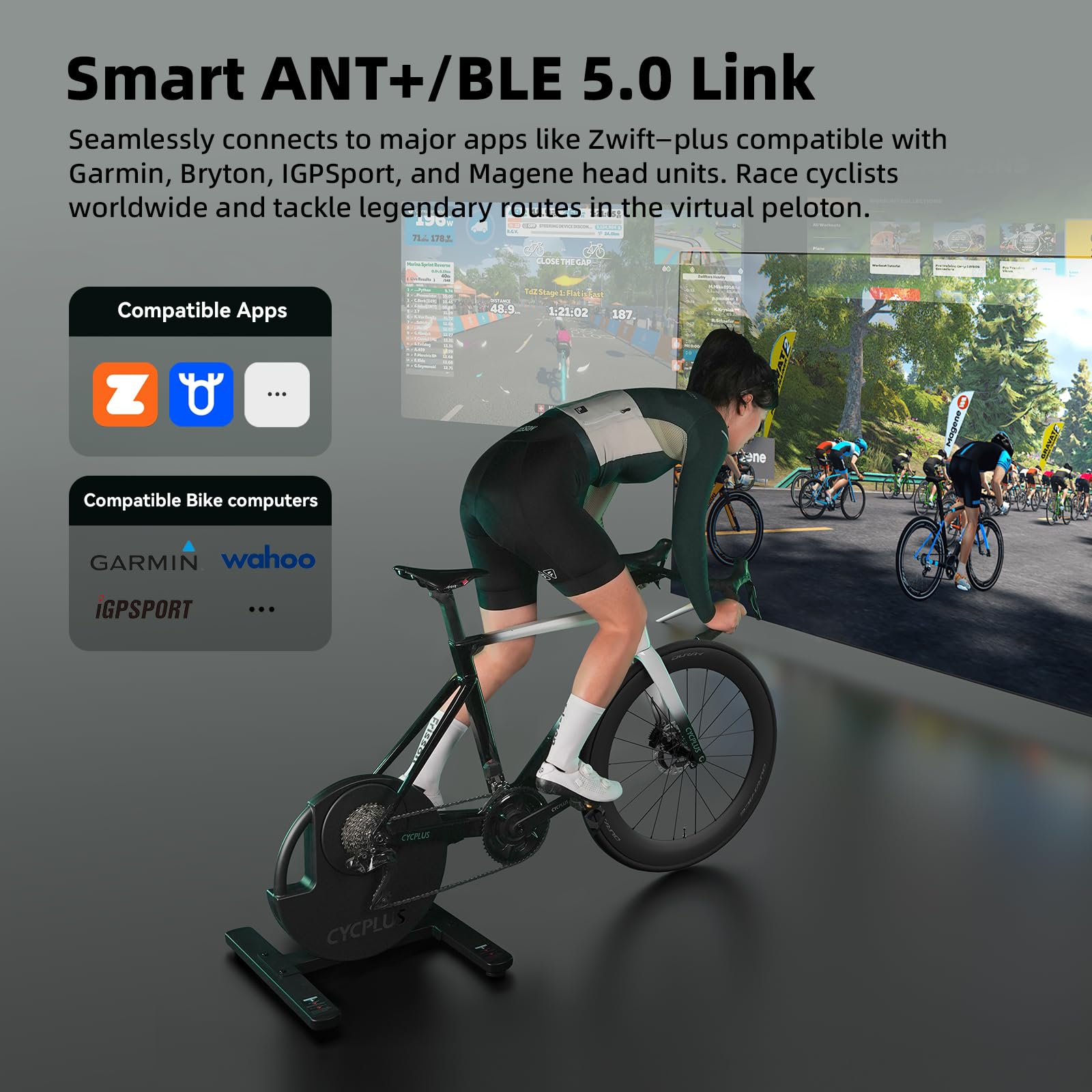 CYCPLUS R200 Smart Indoor Bike Trainer, 2200W Brushless Motor, 19% Gradient Simulator, BLE & ANT+ Dual Mode, Virtual Shifting, Uphill/Downhill Simulation, Super Silence for Realistic Indoor Cycling