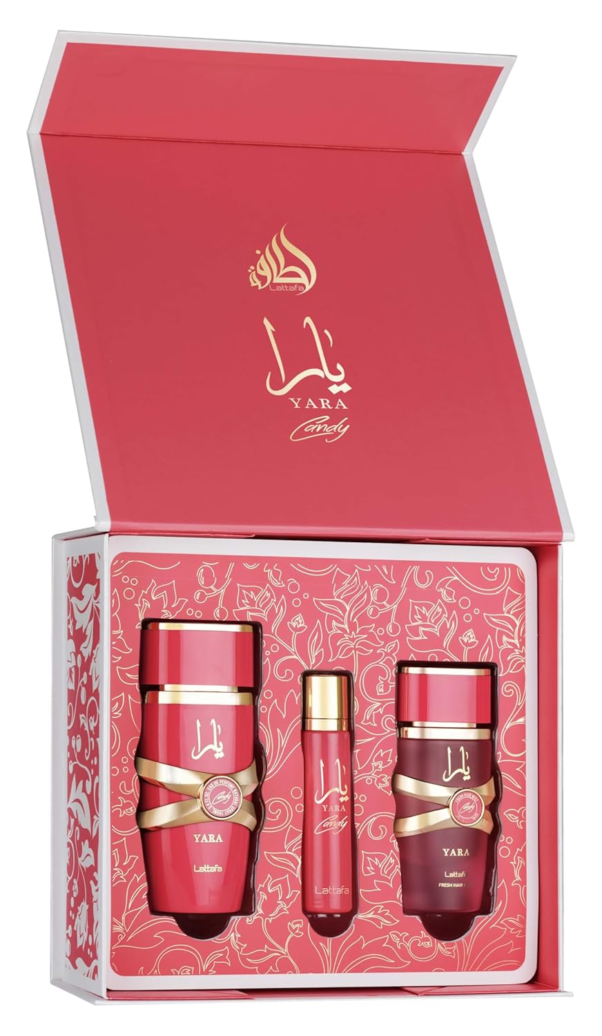 Lattafa Yara Candy Gift Set – 100ml Eau de Parfum, 12ml Travel Perfume & 50ml Hair Mist | Sweet Fruity Creamy Arabic Fragrance for Women | Long-Lasting Perfume Trio