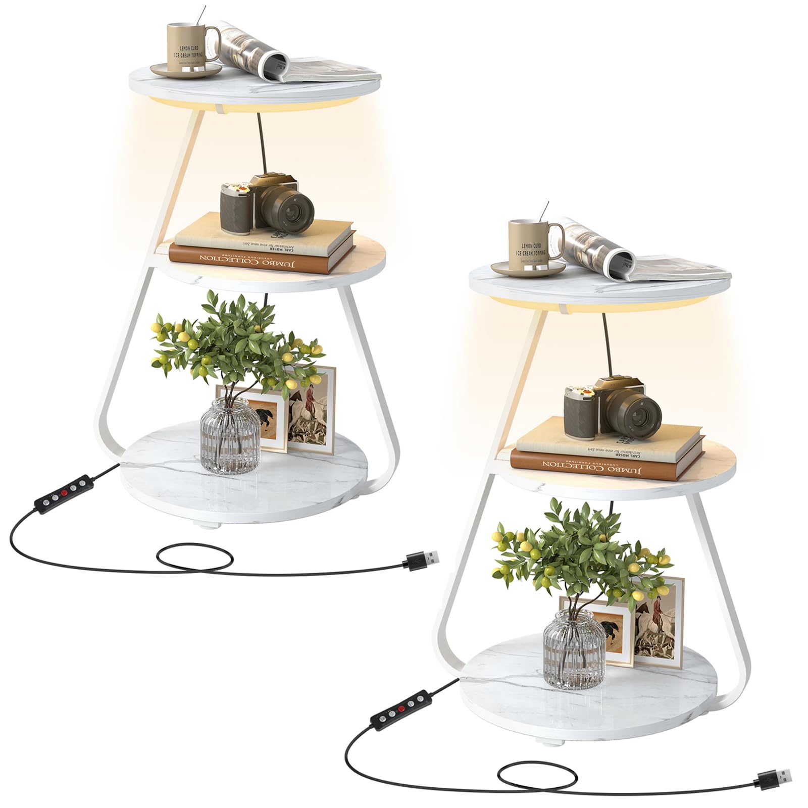 ARTETHYS Side Table Set of 2, Bedside Small Coffee Table with 3 Color LED Lights, End Table with 3 Tier Storage Shelves for Living Room Bedroom, White Marble