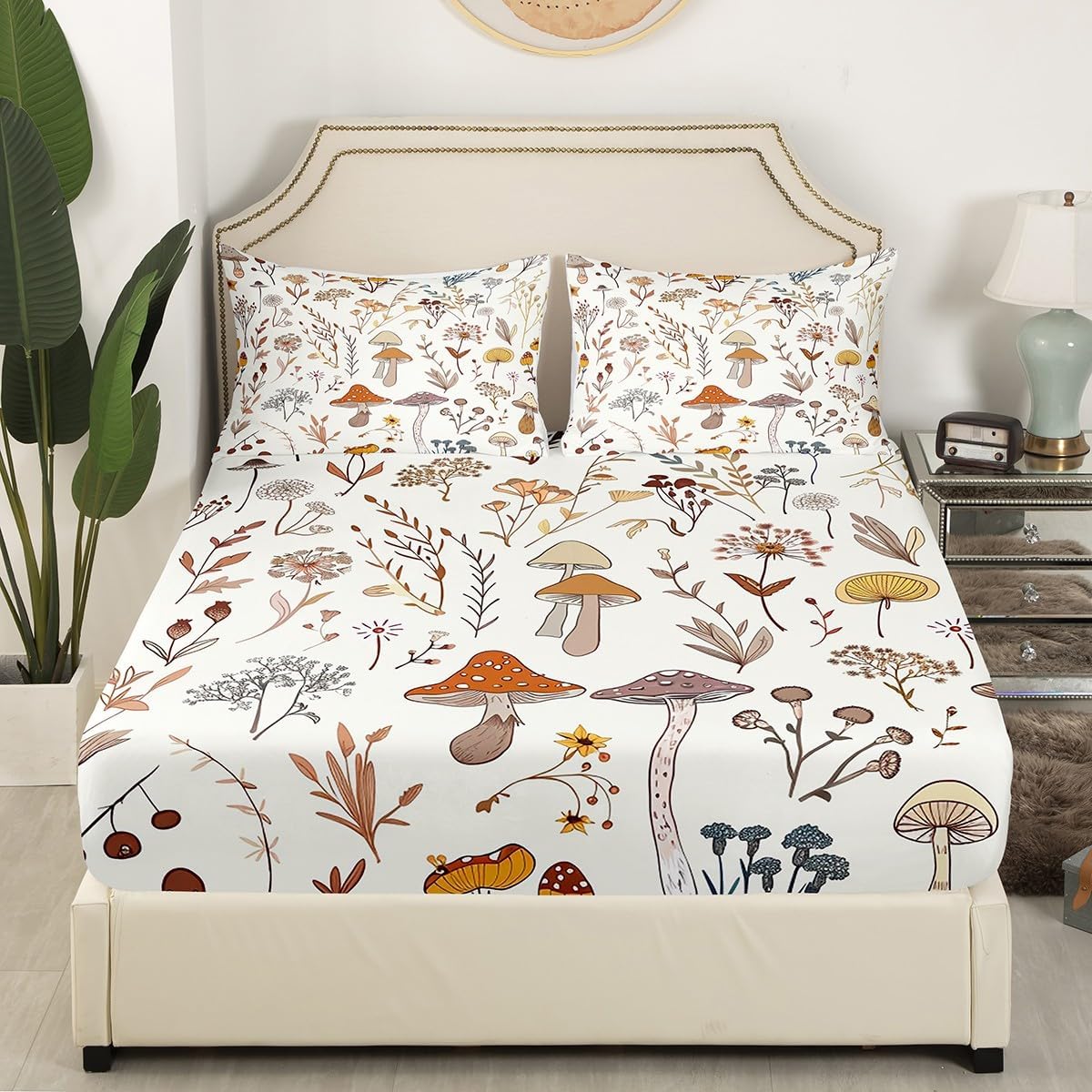 Feelyou Kawaii Fungus Bed Sheet Set Queen Size Cute Mushroom Decor Fitted Sheet for Kids Boys Girls Decor Cartoon Mushrooms Bedding Set Wild Bed Cover Bedroom