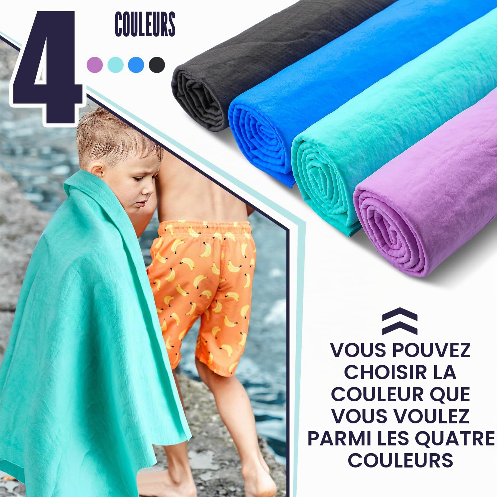 Tisancy Lot de 4 serviettes de natation en chamois pour plongée, natation, triathlon et autres sports nautiques (66 x 43,2 cm, bleu, vert, gris foncé, violet)