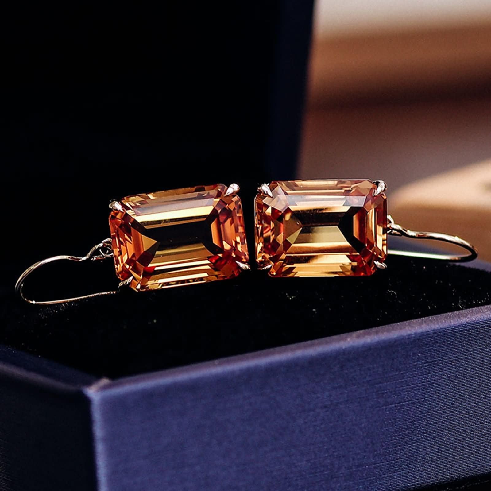 Pendientes de Oro Amarillo de 9 K / 14 K / 18 Kt para Mujer, 4 Garras Rectángulo con Moissanita, Pendientes de Mujer Boda Colgantes Oro Champán