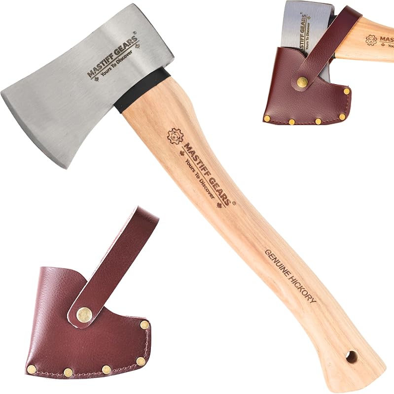 MASTIFF GEARS 1.25 lb Camp Axe - 14" Throwing Axe with 1055 Carbon Steel & North American Hickory Handle | Leather Sheath Included |1-Year Replacement, Lifetime Limited Warranty