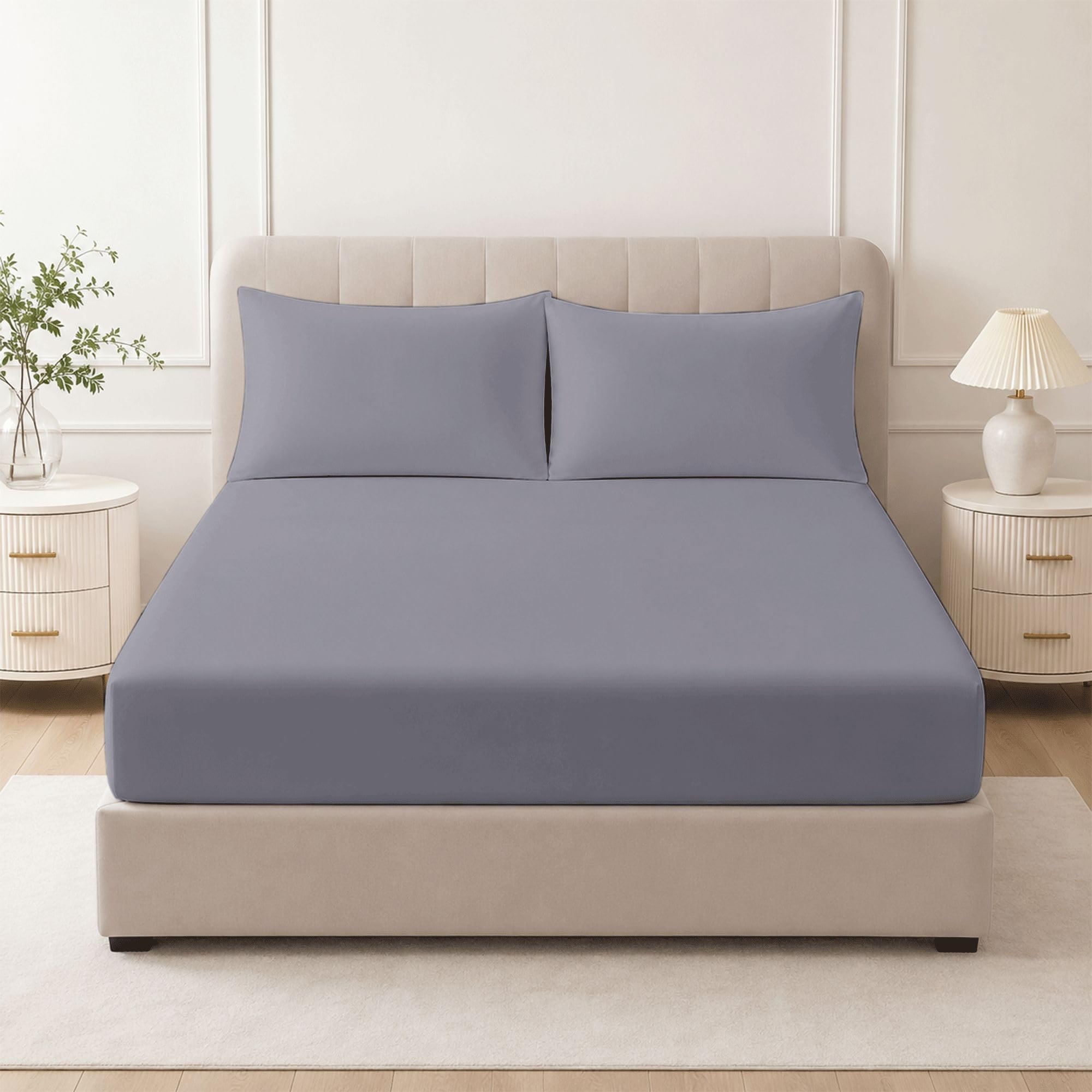 Bloombedding Silver Super King Egyptian Cotton Fitted Bed Sheet Set, 400 Thread Count Deep Pocket 25Cm Bedding With 2 Pillowcases, Luxury Cotton Bed Linen For 182X200cm Mattress