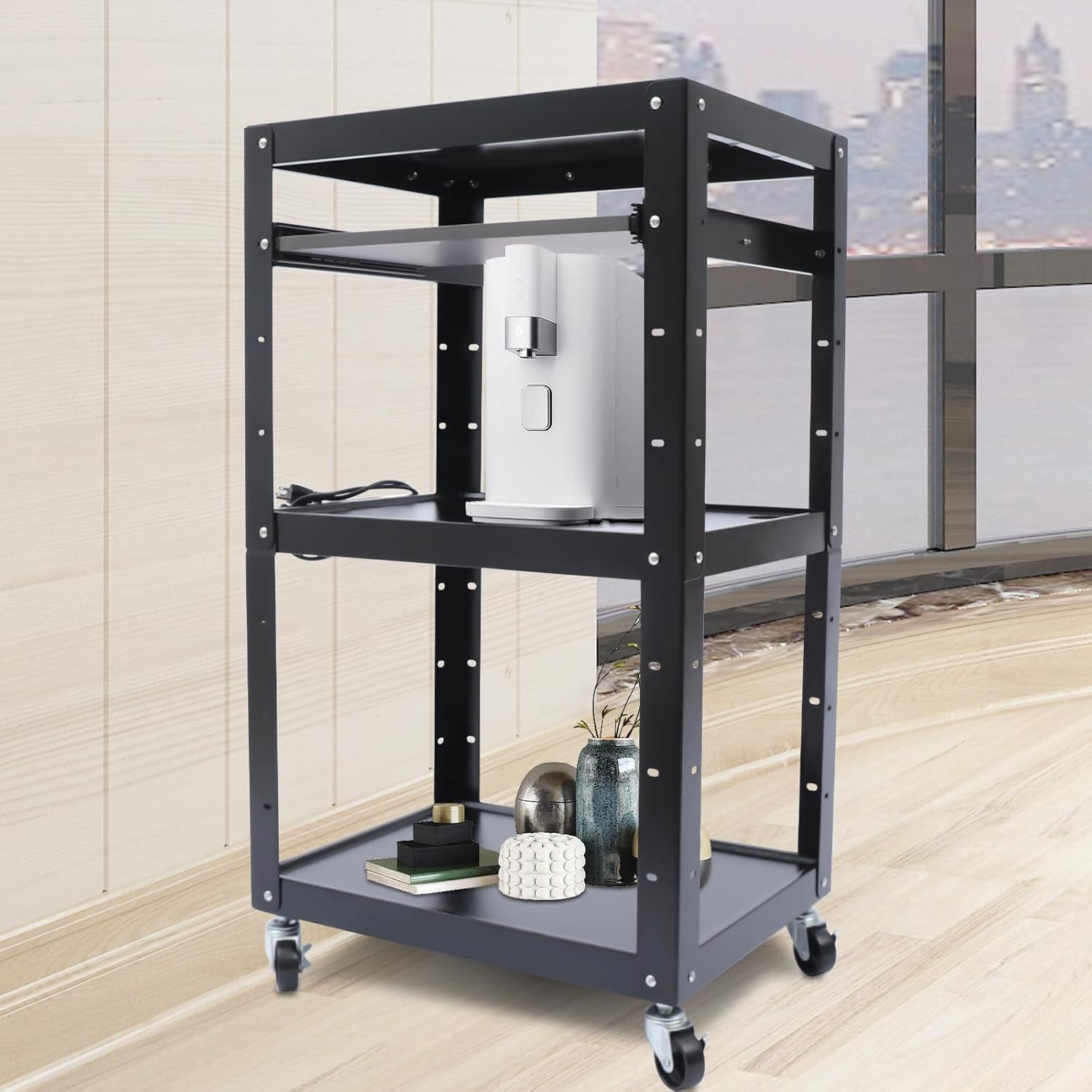 Computer Cart with Wheels,Computer Printer Projector Laptop Tv Cart for Classroom Office, 3 Outlet Power Socket, 2 USB Plug-ins,66Lbs Each Layer