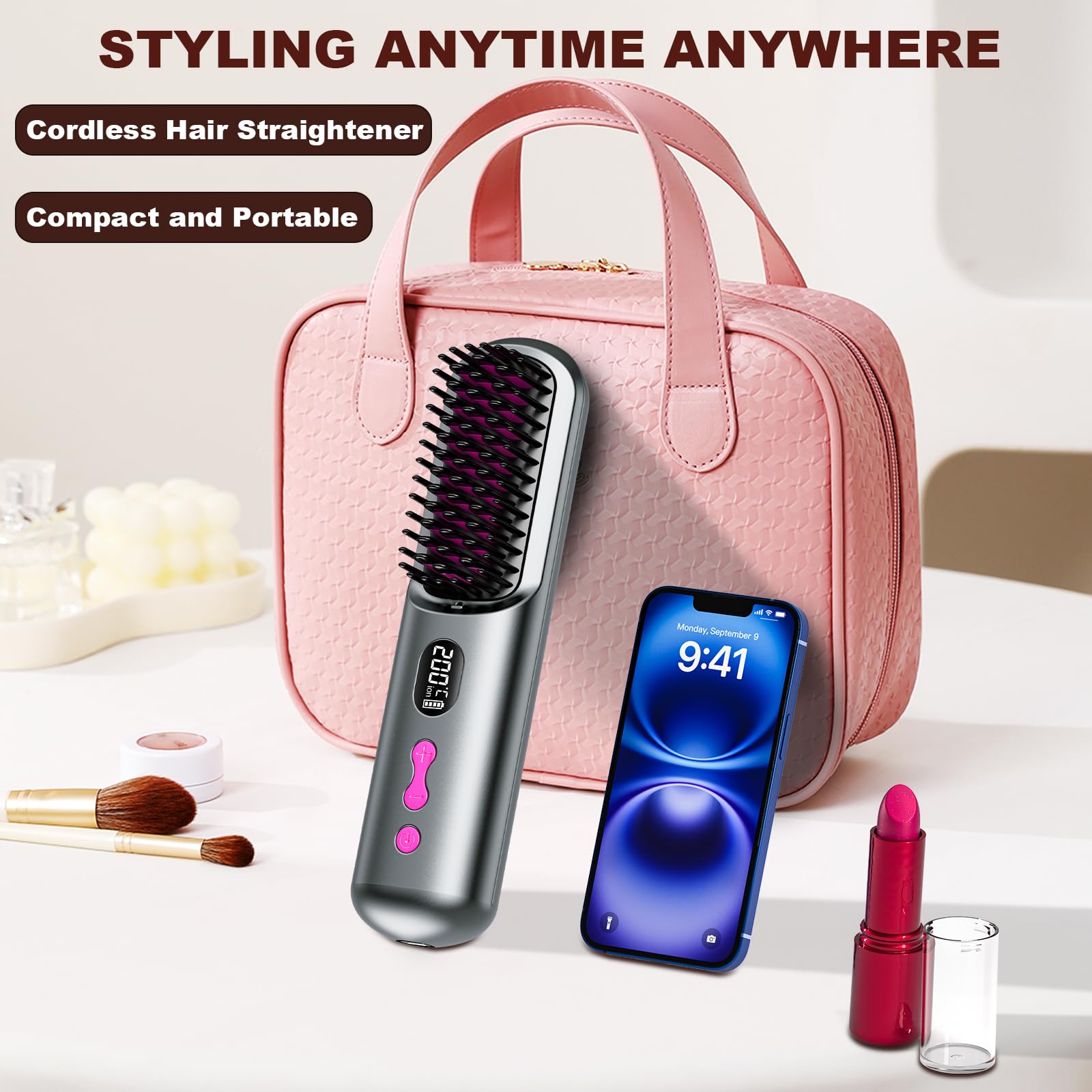 Brosse lissante sans fil, portable et pratique pour les voyages, rechargeable par USB, 9 600 mAh, ion négatif, chauffante, pour femmes et hommes (gris)