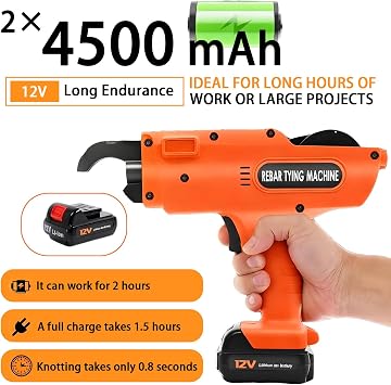 Rebar Tier Tying Machine, Cordless Rebar Tying Machine, with 2 x 12V Rechargeable Batteries,0.8s Knot Time,Tightness Adjustable, for Bending Rebar, Steel Bar, Steel Rod 8-34mm