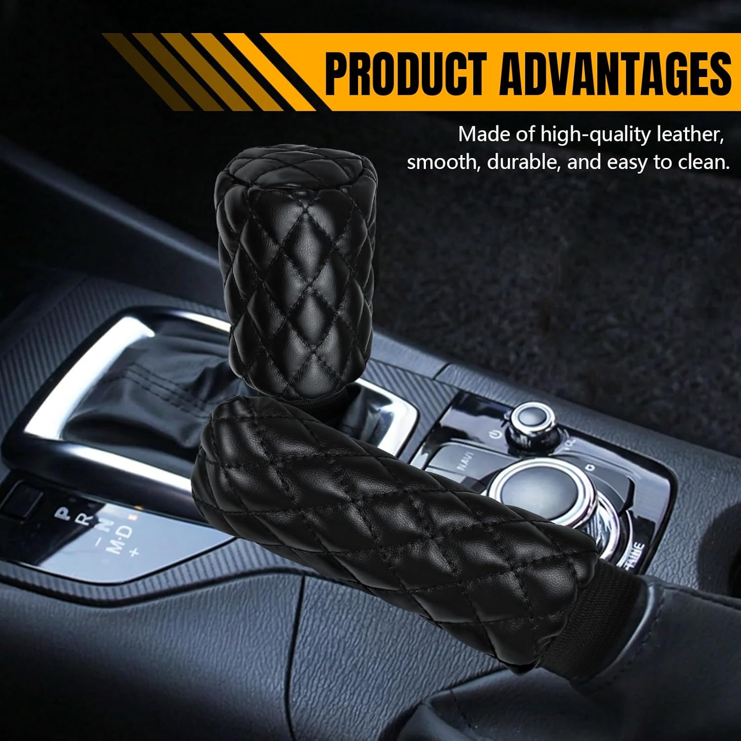 8PCS Car Accessories Set, Leather Car Steering Wheel Cover, Armrest Pad, Seat Belt Cover Pads, Gear Shift & Handbrake Covers, Cup Holder Coasters, Universal Auto Interior Accessories (Yellow)