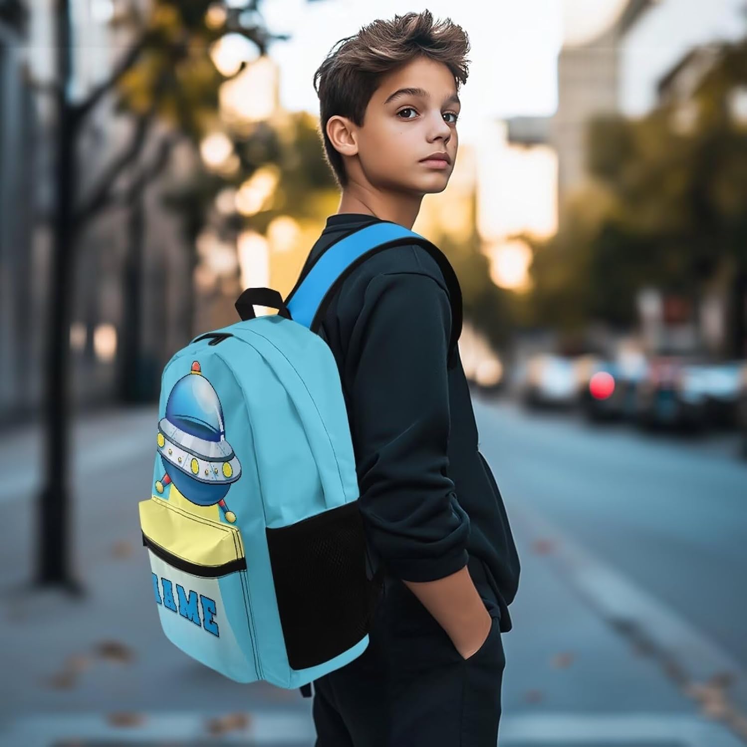 Glowing Spaceship Personalized Kids Backpacks for Boys Customize School Backpack for Boys 6-8 8-12 with Name, Lightweight Bookbag Kindergarten Preschool, Students Teens 17 Inch Custom Bookbags