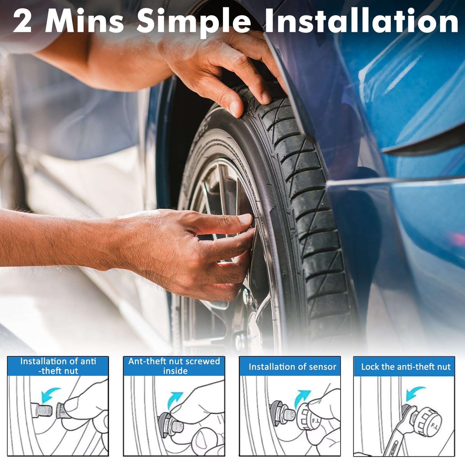 TPMS Système de Surveillance de la Pression des Pneusà,Charge Solaire/USB, Alertes Habitacle & Température, Auto on/Off,Compatible Camping-Car, Berline, SUV, MPV (72 psi)