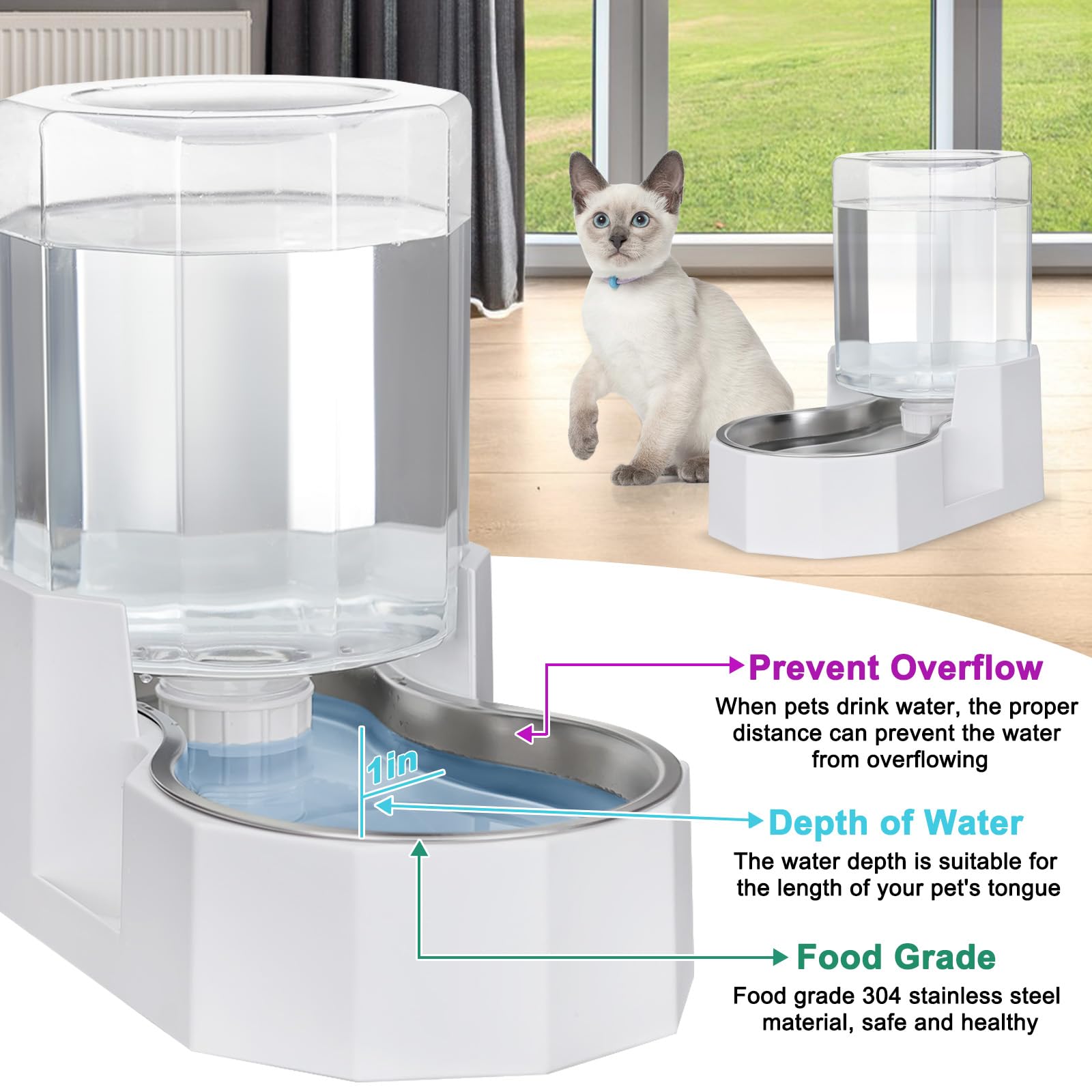 Sfozstra Large Dog Water Dispenser: 4L Stainless Steel Gravity Cat Water Feeder - Quiet Refill - No Power Needed - for Kittens & Cats - Bedroom/Kitchen Corner/Crate Area - image 5