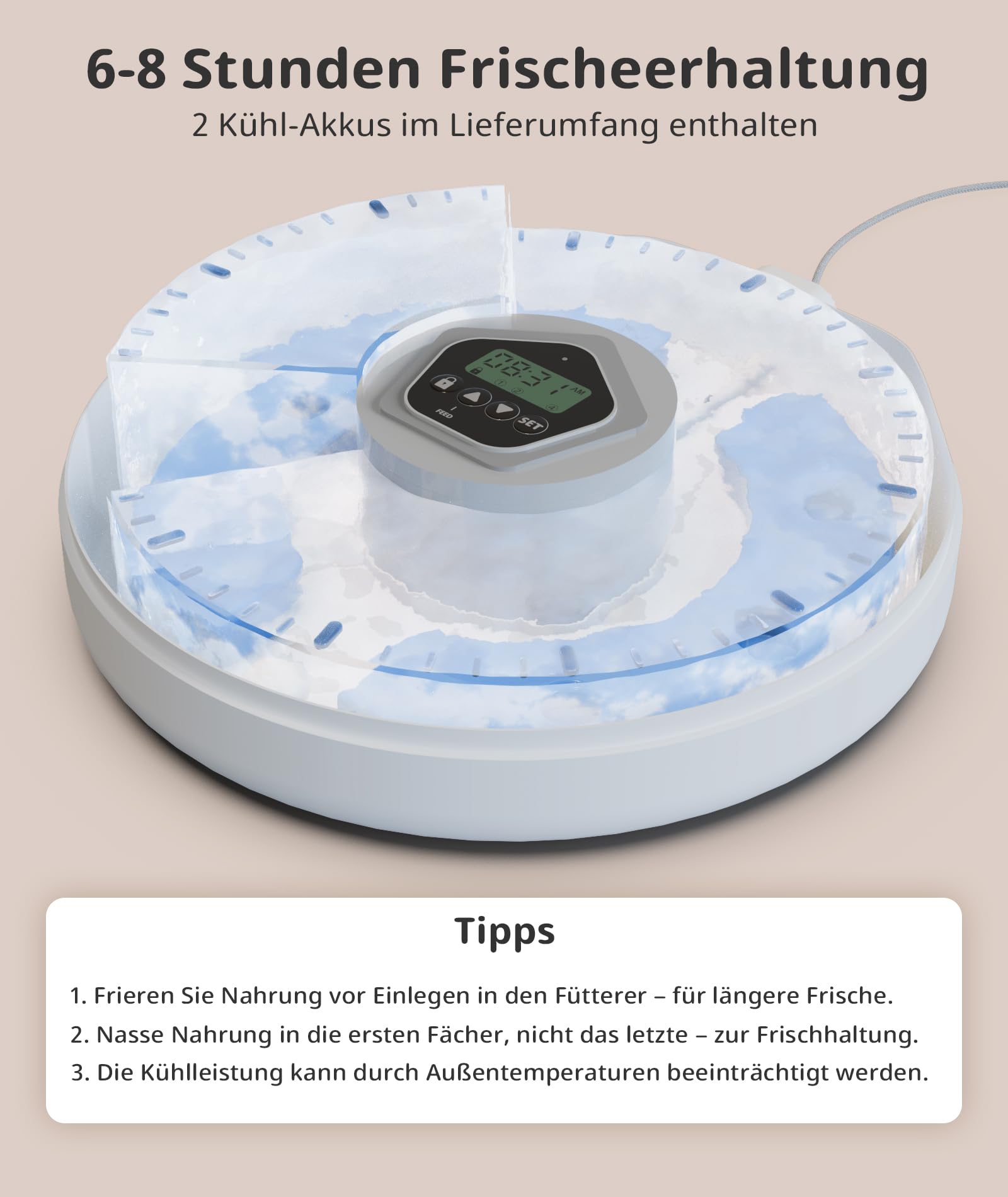 Comedero inteligente para gatos y perros – Dispensador temporizador de 5 comidas, apto para comida húmeda y seca, 2 cubos de hielo para mantener frescos, color blanco