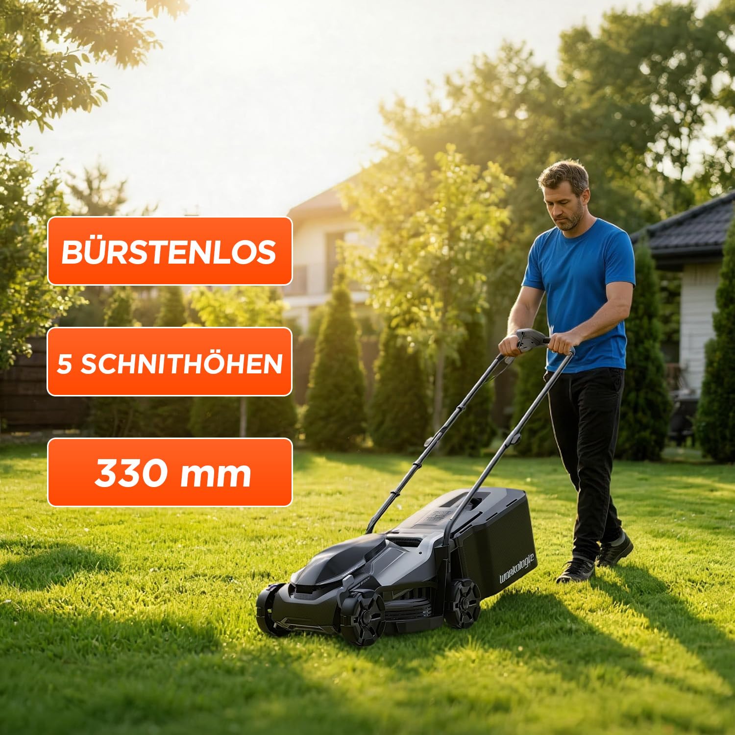 33 cm Bürstenloser Akku-Rasenmäher Solo Kompatibel mit 18V Power X-Change | 5-fache Höhenverstellung 25–65mm, 35L Grasfangkorb, Mulchmodus, 1 Ersatzmesser, ohne Akku/Ladegerät