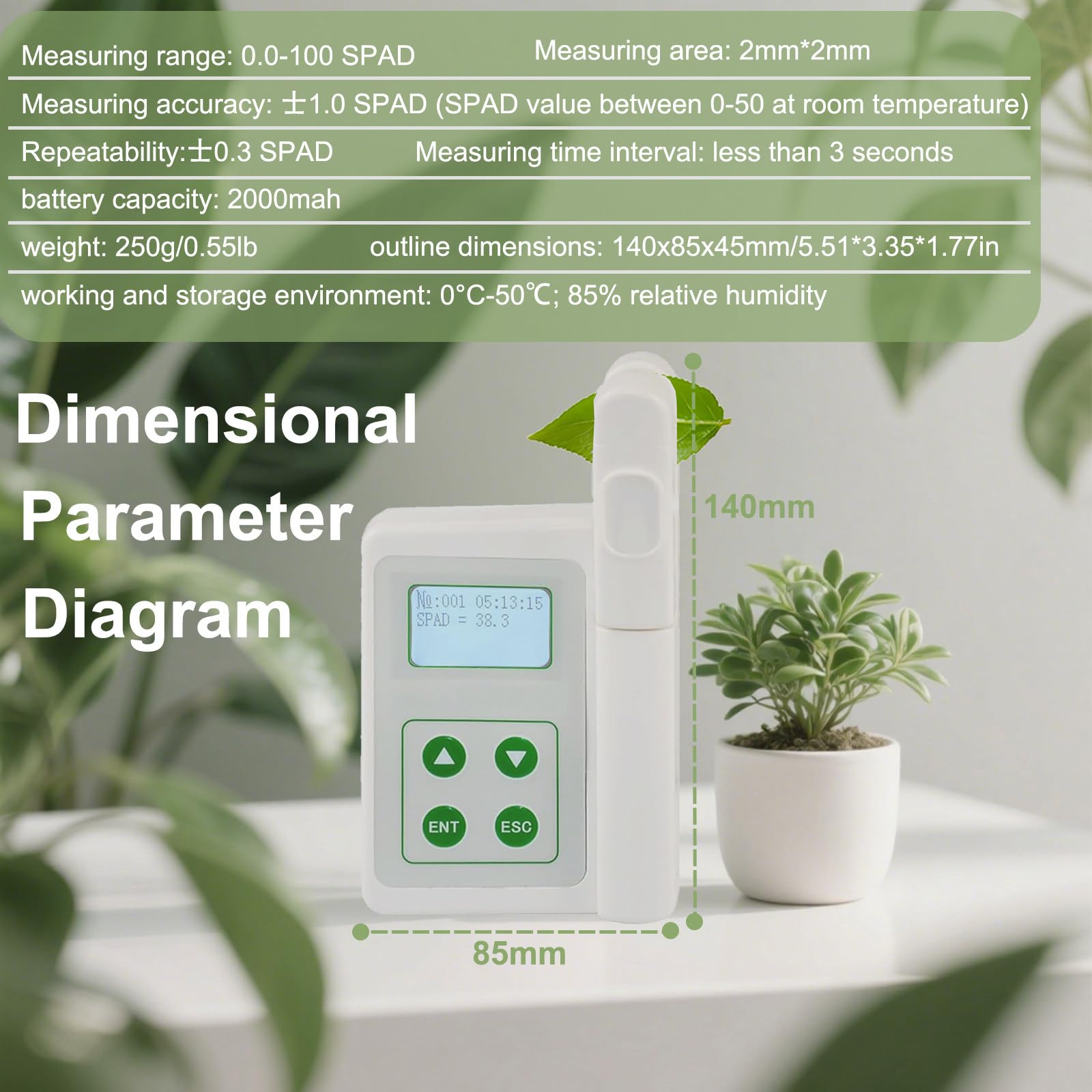 Analyseur de Chlorophylle Portable, 2 000 mAh, avec Exportation de Données USB. Teneur en Chlorophylle, Teneur en Azote, Température et Humidité des Feuilles Testables. Détection Rapide YLS-A
