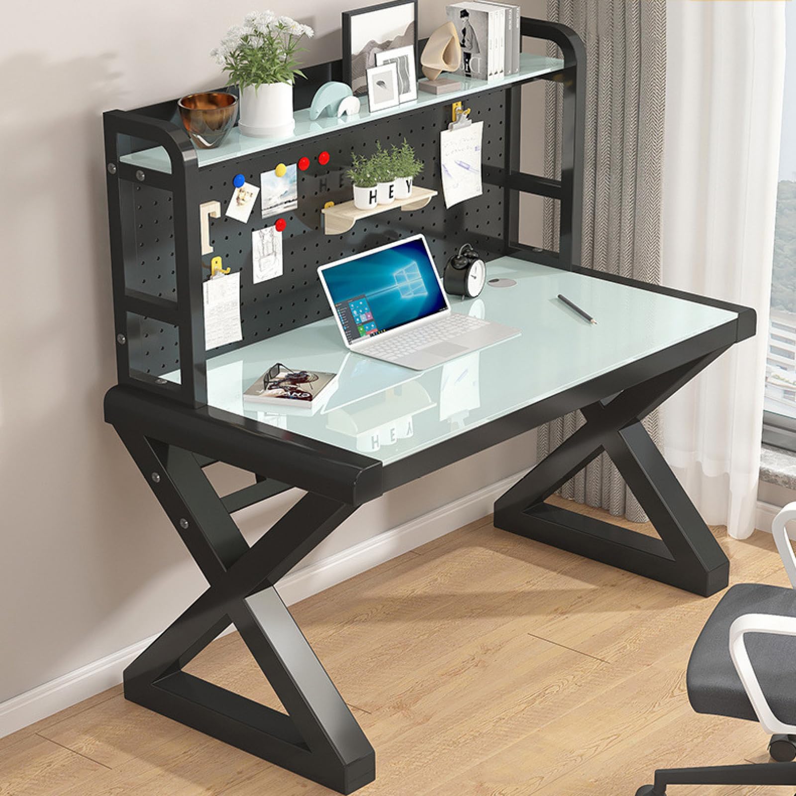 ASerZenith Tempered Glass Computer Desk, Home Office Writing Workstation With Pegboard And Storage Shelves, Large Study Table,White & Black-100Cm