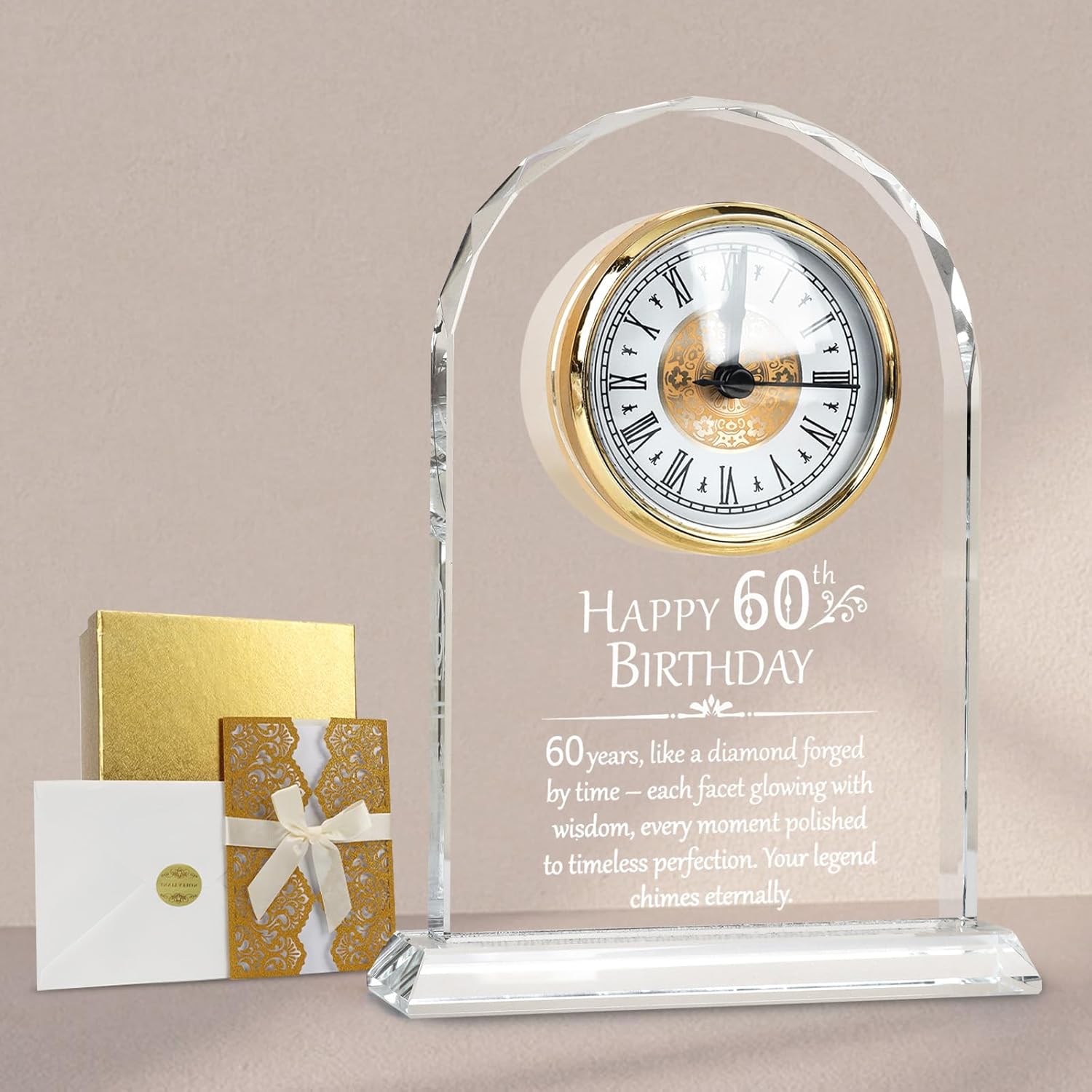 Goldmeet 60th Birthday for Men Women, Anniversary Crystal Desk Quartz Clock, 60 Year Old Birthday Present with Decoration Gift Card for Couple, Parents, Grandparents, Elegant Home Decor