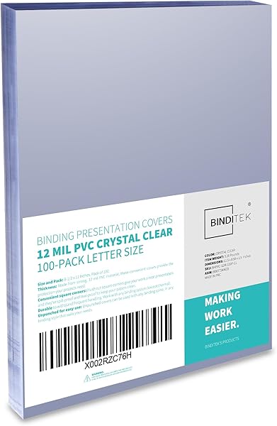 Binditek 100 Pack 12 Mil PVC Plastic Binding Covers, 8.5 x 11 Inches, Letter Size, Square Corners, Un-Punched, Office Supplies