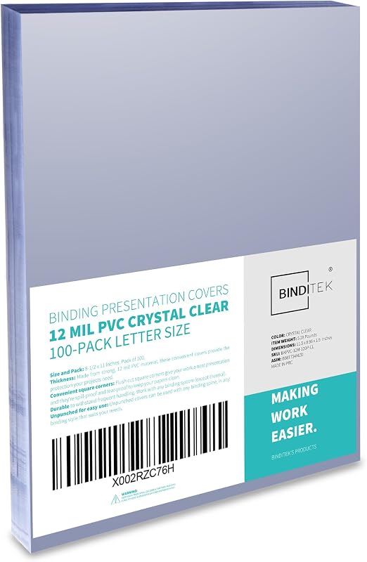Binditek 12 Mil PVC Binding Covers, 8.5 x 11 Inches, Clear, 100 Pack