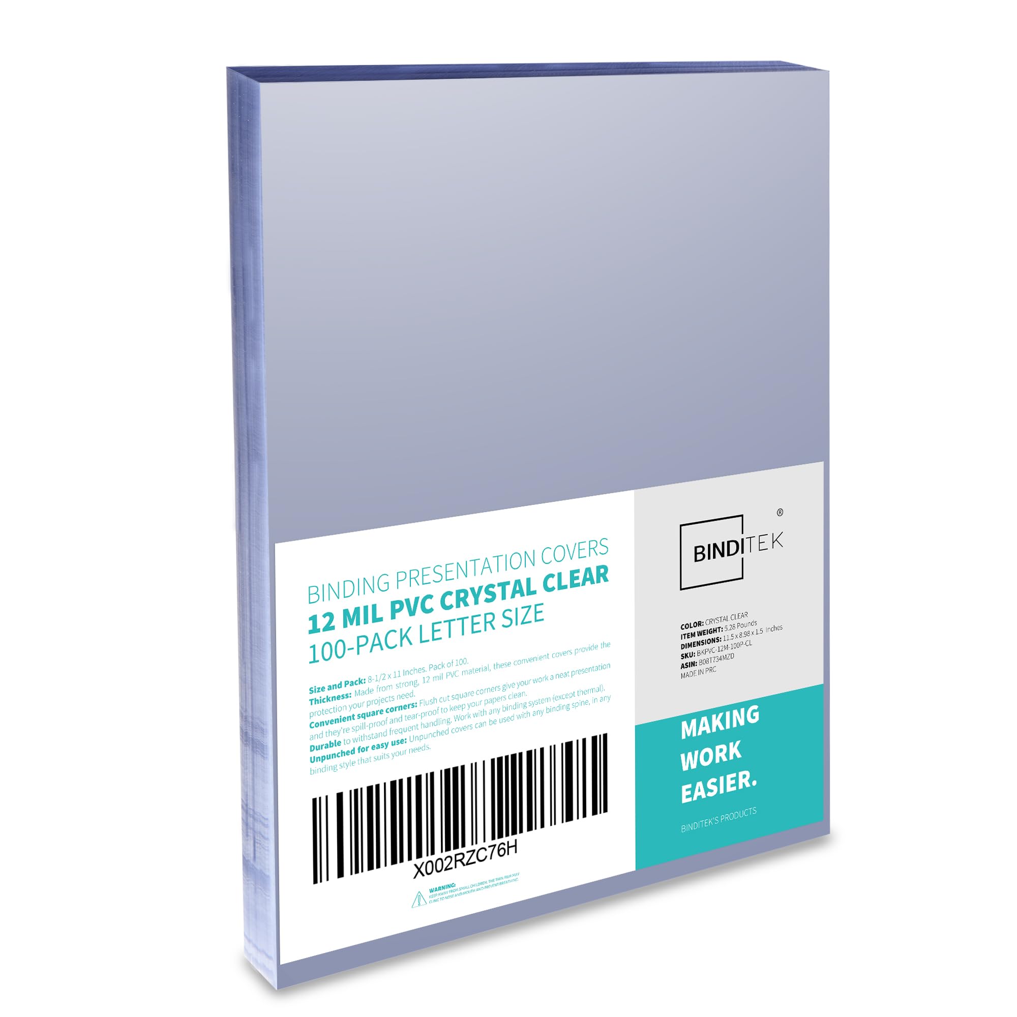 Binditek 12 Mil PVC Binding Covers, 8.5 x 11 Inches, Clear, 100 Pack