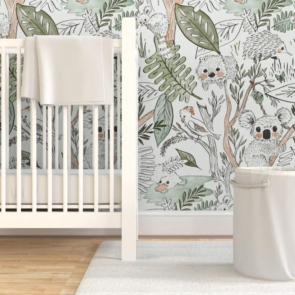 Peel & Stick Wallpaper 3ft x 2ft - Australian Safari Green Jungle Tropical Watercolor Custom Removable Wallpaper by Spoonflower