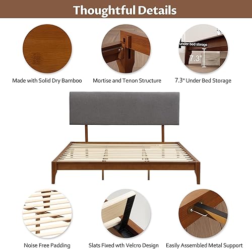 Miniatura 4 de Harper & Bright Designs Full Size Bamboo Platform Bed Frame, Wood Low Profile Platform Bed with Headboard, Noise Free, Brown