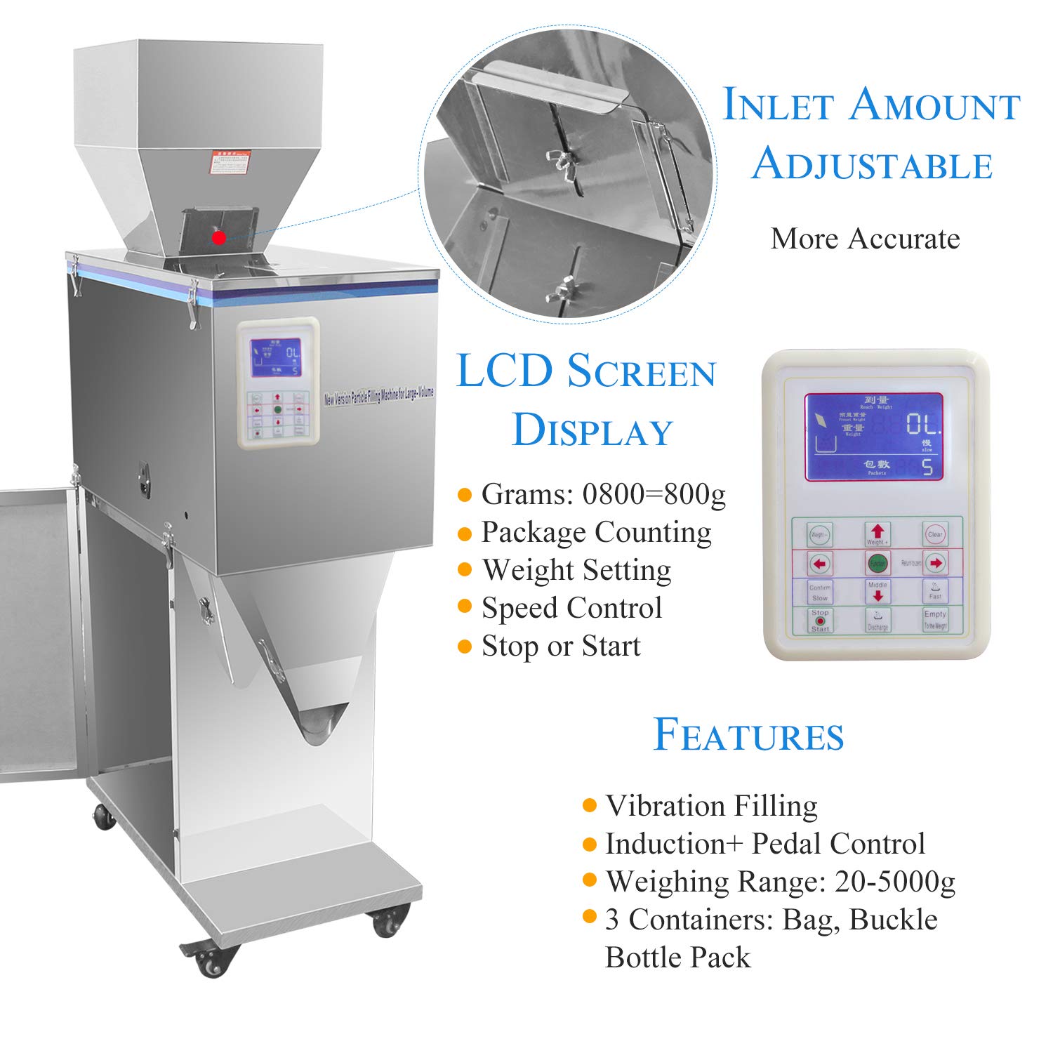 Hanchen Powder Filler Machine LCD Display Automatic Powder Filling Machine 20-5000G Particle Filling Machine For Bag Bottle Bucket Filling Powder l Tea Seeds Grains Components 110v
