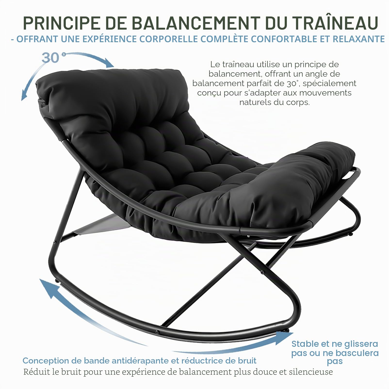 Fauteuil à Bascule Œuf avec Repose-Pieds - Charge 150kg Chaise a Bascule Surdimensionnée, Rocking Chair Coussin Confortable Utilisation Intérieur/Extérieur pour Salon, Jardin, Balcon (Noir)