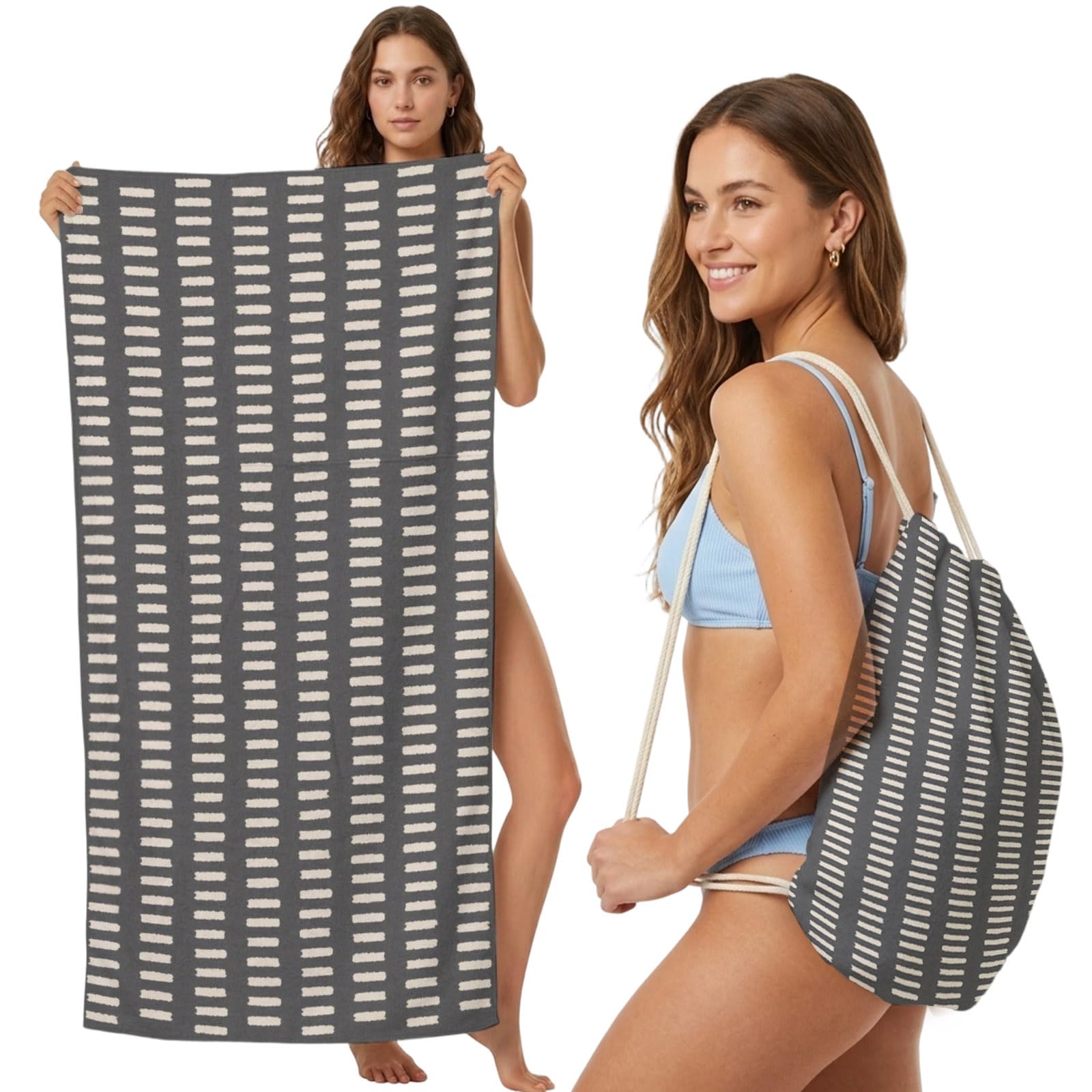 Beach Towel Bag 2 in 1 Black Dashed Stripe Bath Pool Towels Backpack Abstract Striped Linear Absorbent Beach Towel Soft Quick Dry Lightweight Packable Towels Drawstring Bag for Travel Sports Yoga