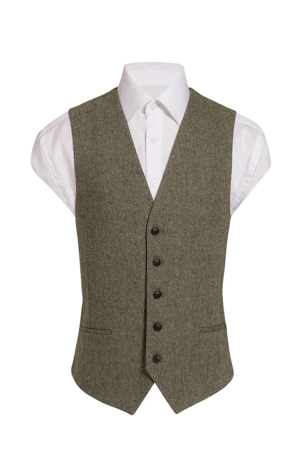 Dobell Mens Sage Green Herringbone Tweed Waistcoat Regular Fit Wool Blend-S (34-36in)