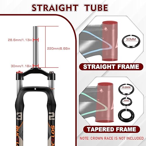 Miniatura 5 de BUCKLOS 26 x 4.0 pulgadas Fat Tire MTB Horquilla de suspensión, 3.937 in cubo de espaciado de viaje 5.315 in 1 18 tubo recto Bloqueo manual 0.354 in