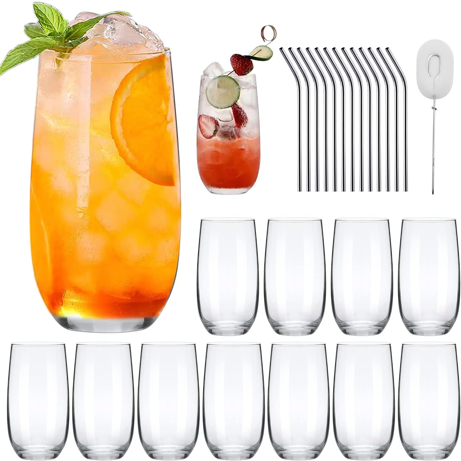 QAPPDA Drinking Glasses Set of 12,16 OZ Highball Glasses with Straws,Clear Tall