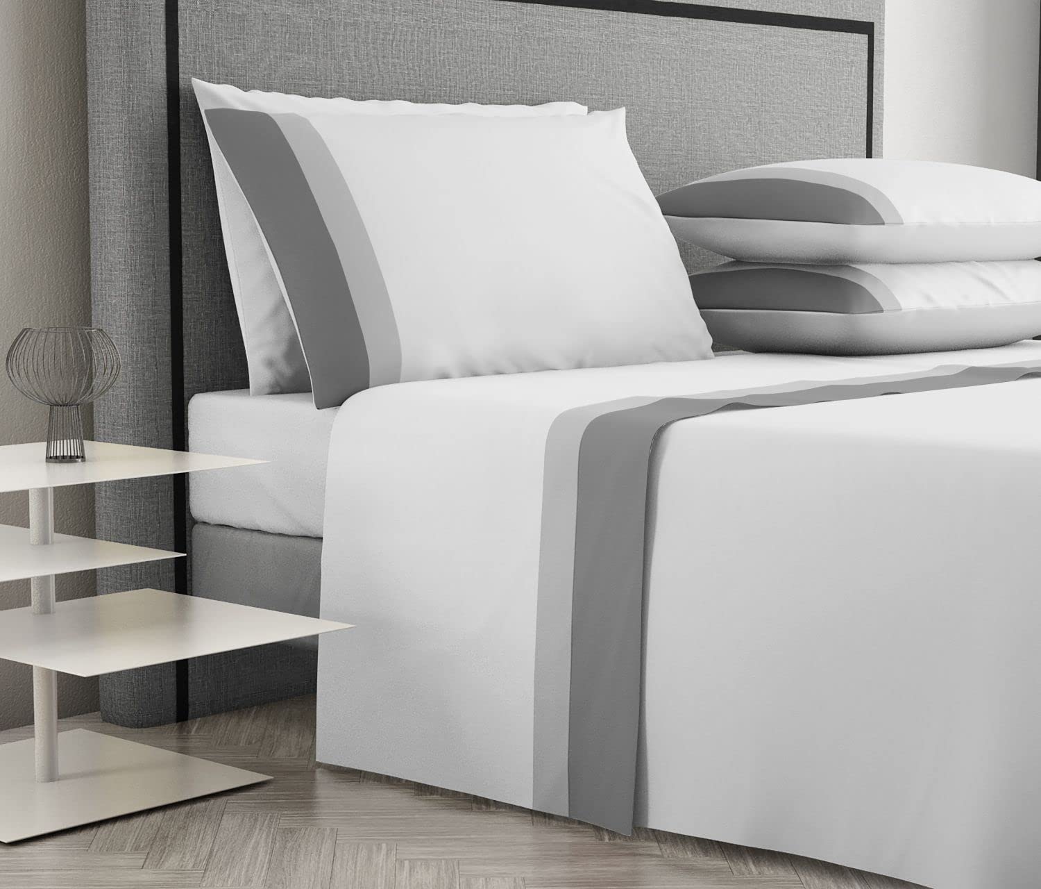 LIGUORO SHOP Completo Lenzuola per Letto Matrimoniale con doppia Balza 100% Puro Cotone CAPRI (Grigio)