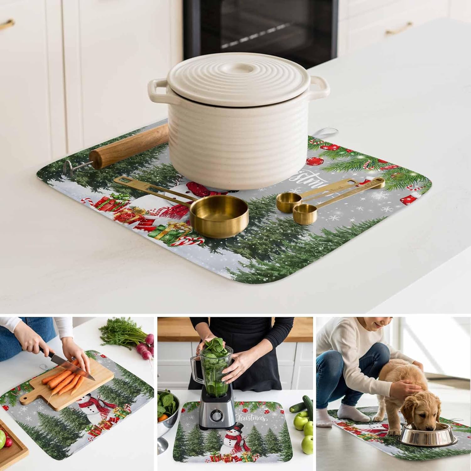 Dish Drying Mat 16 x 18 Inch, Grey Snowman Christmas Absorbent Microfiber Coffee Mats for Kitchen Xmas Tree Pine Cone Snowflake Quick Drying Dish Drainer Pad 2 Pack