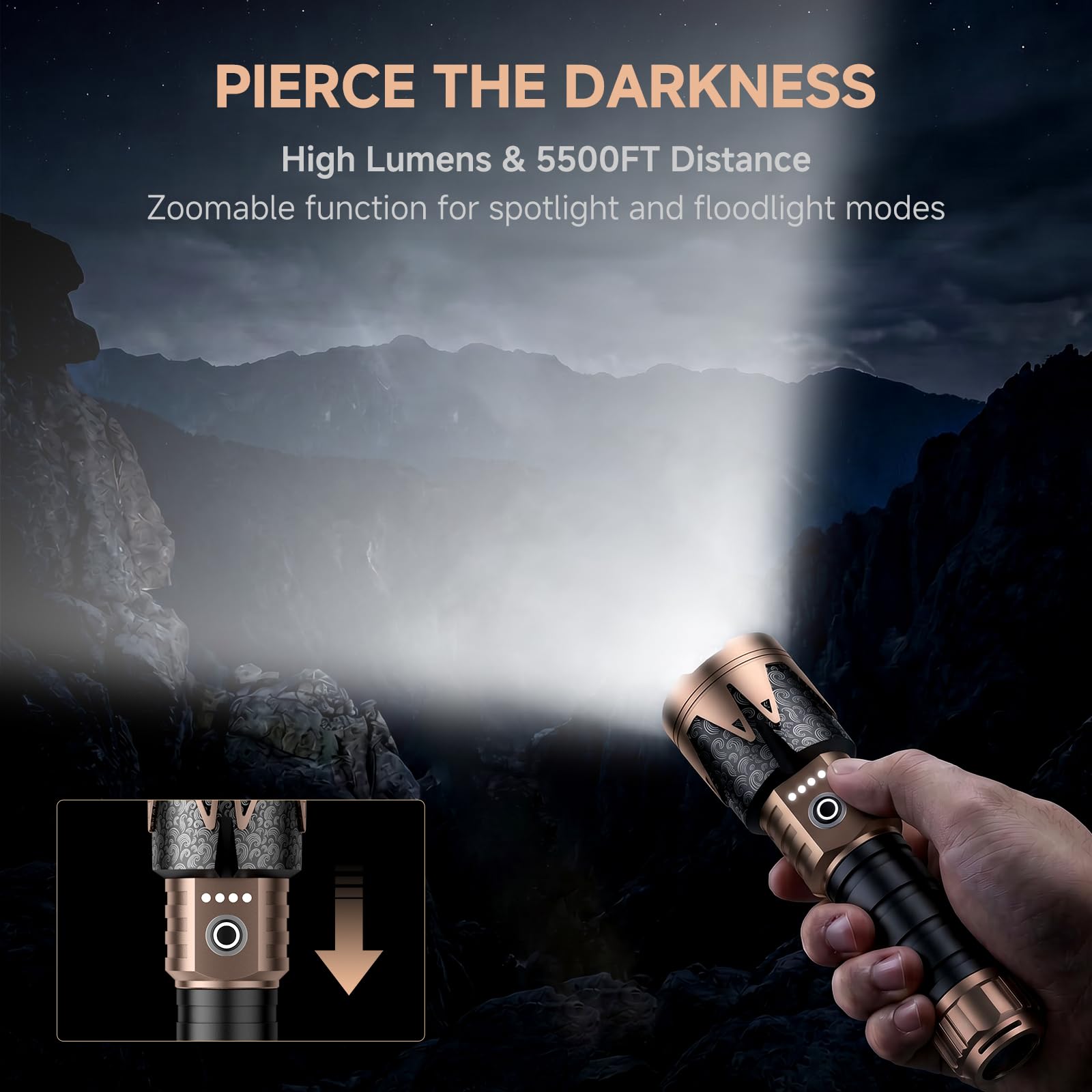 SKYFIRE Taschenlampe LED Aufladbar 8000 Lumen Extrem Hell, Kompakte Taschenlampen Zoombar mit Feuerzündungs-Linse, 6 Modi IPX6 Wasserdicht für Camping Wandern Outdoor, Inkl